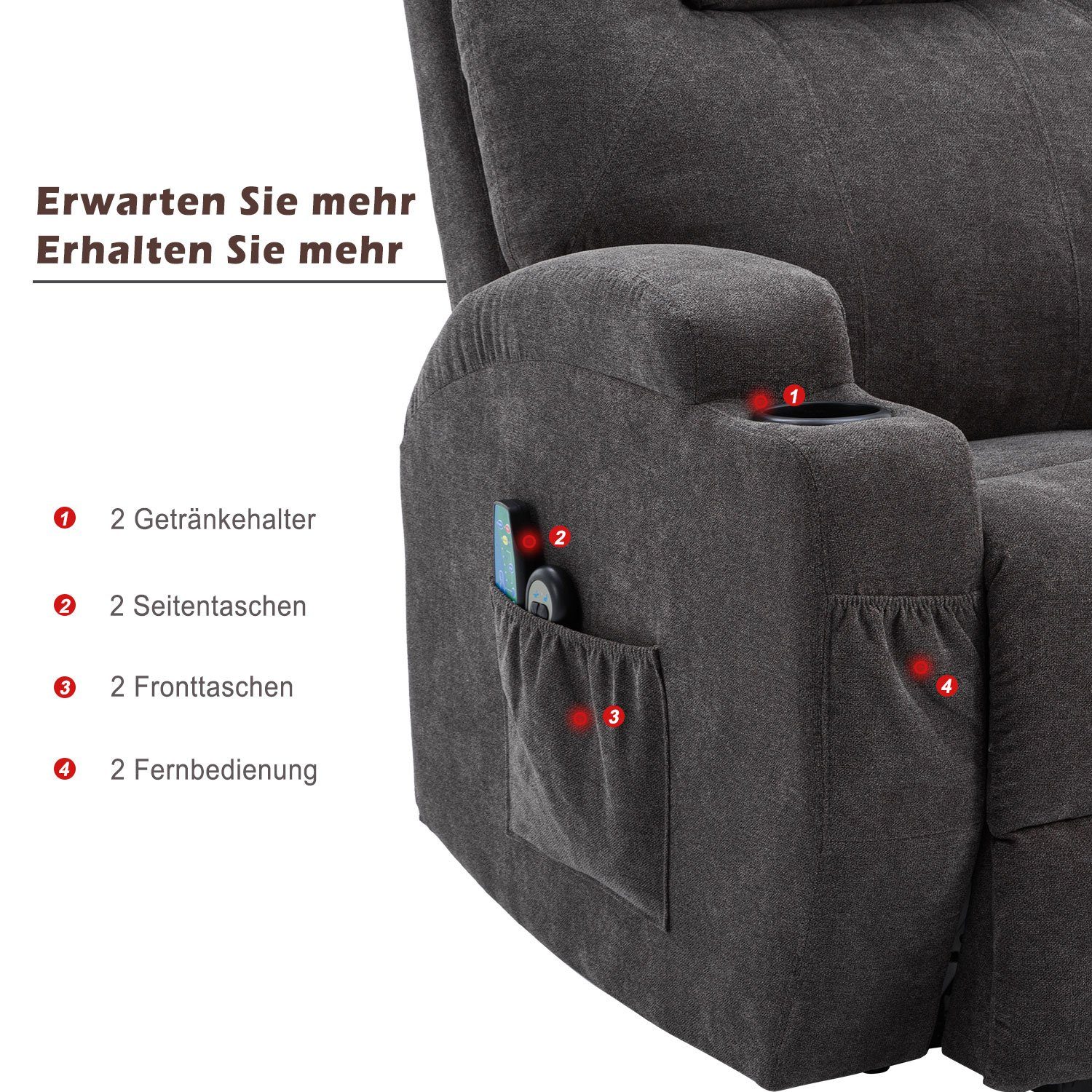TV-Sessel (Liegefunktion, Wärmefunktion und Vibrationsmassage), Fernsehsessel mit Aufstehhilfe, bis zu 130 kg belastbar