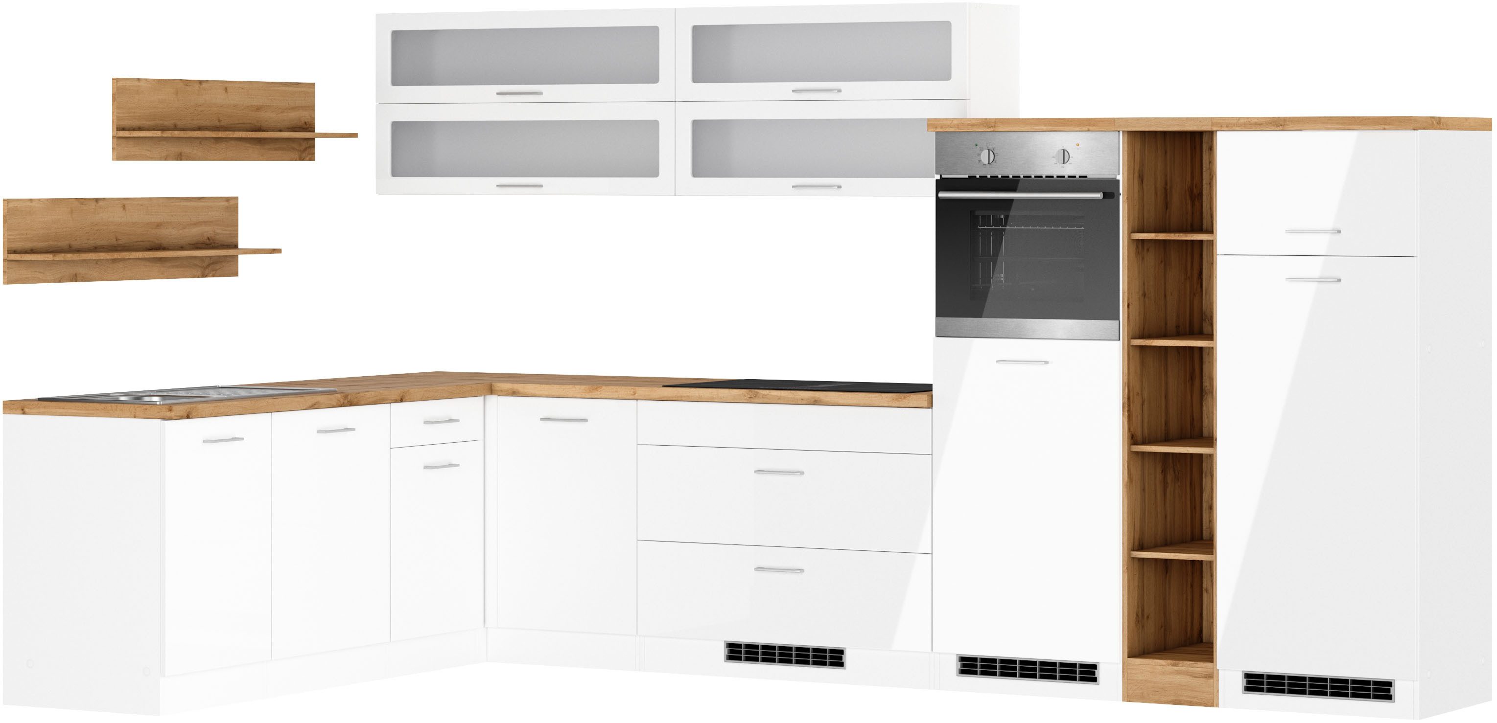 KOCHSTATION Winkelküche KS-Milan, optional mit Muldenlüfter, Stellbr.360/220 cm, wahlweise mit E-Geräten, Kochfeld mit Dunstabzug