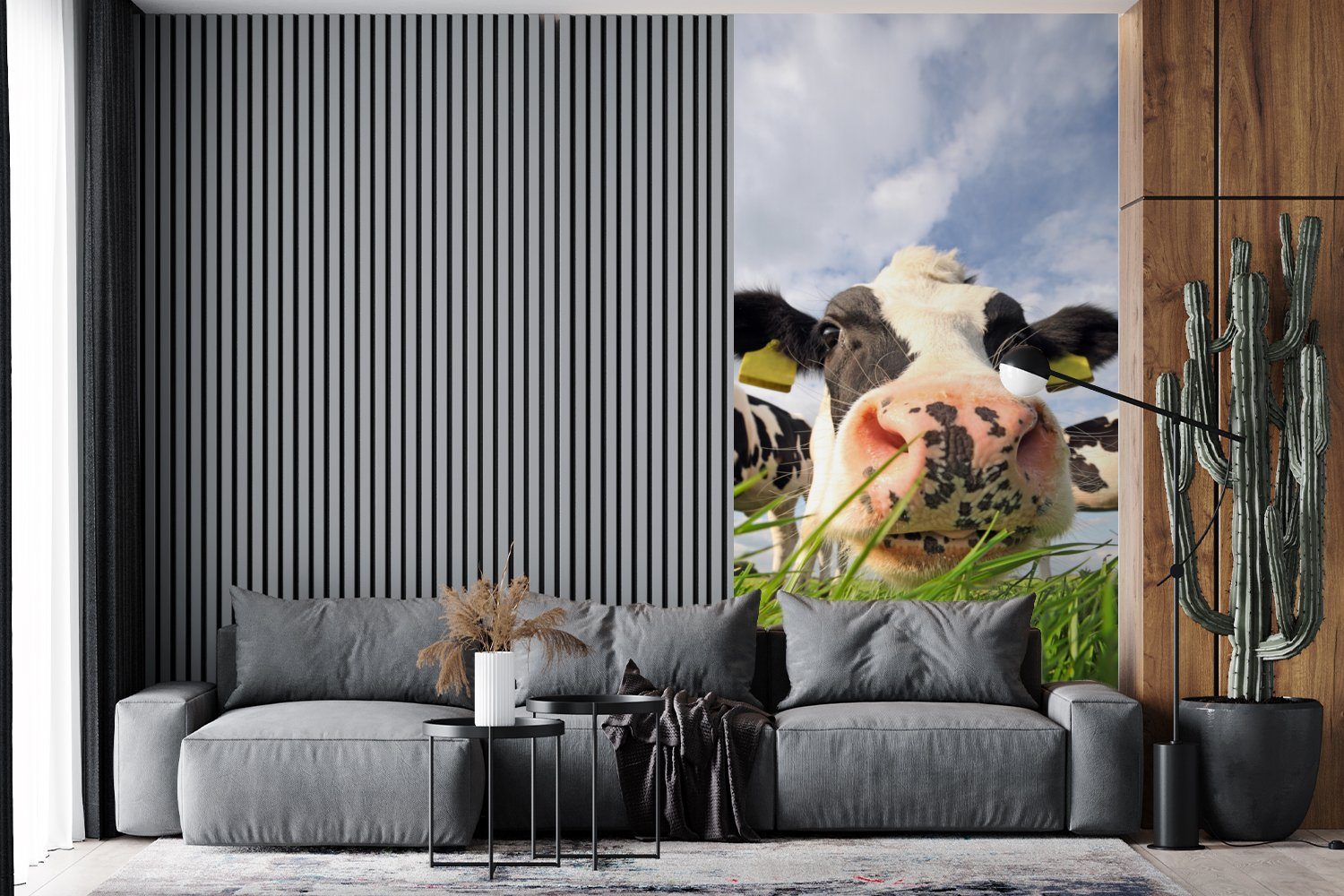 Schlafzimmer Gras bedruckt, Tiere, Fototapete Küche, Matt, - St), Vliestapete (2 Bauernhof Wohnzimmer - - Fototapete MuchoWow Kuh für