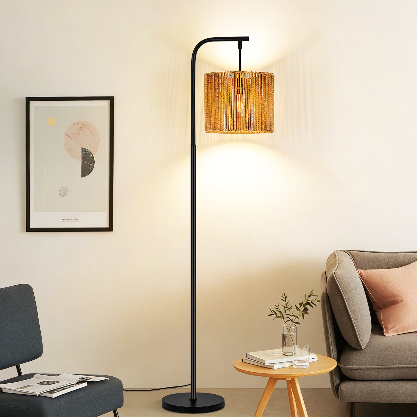 ZMH Stehlampe Wohnzimmer Boho Stehleuchte Schwarz Standleuchte Seil Schirm, Wohnzimmerlampe Stehend E27 1 Flammig Vintage