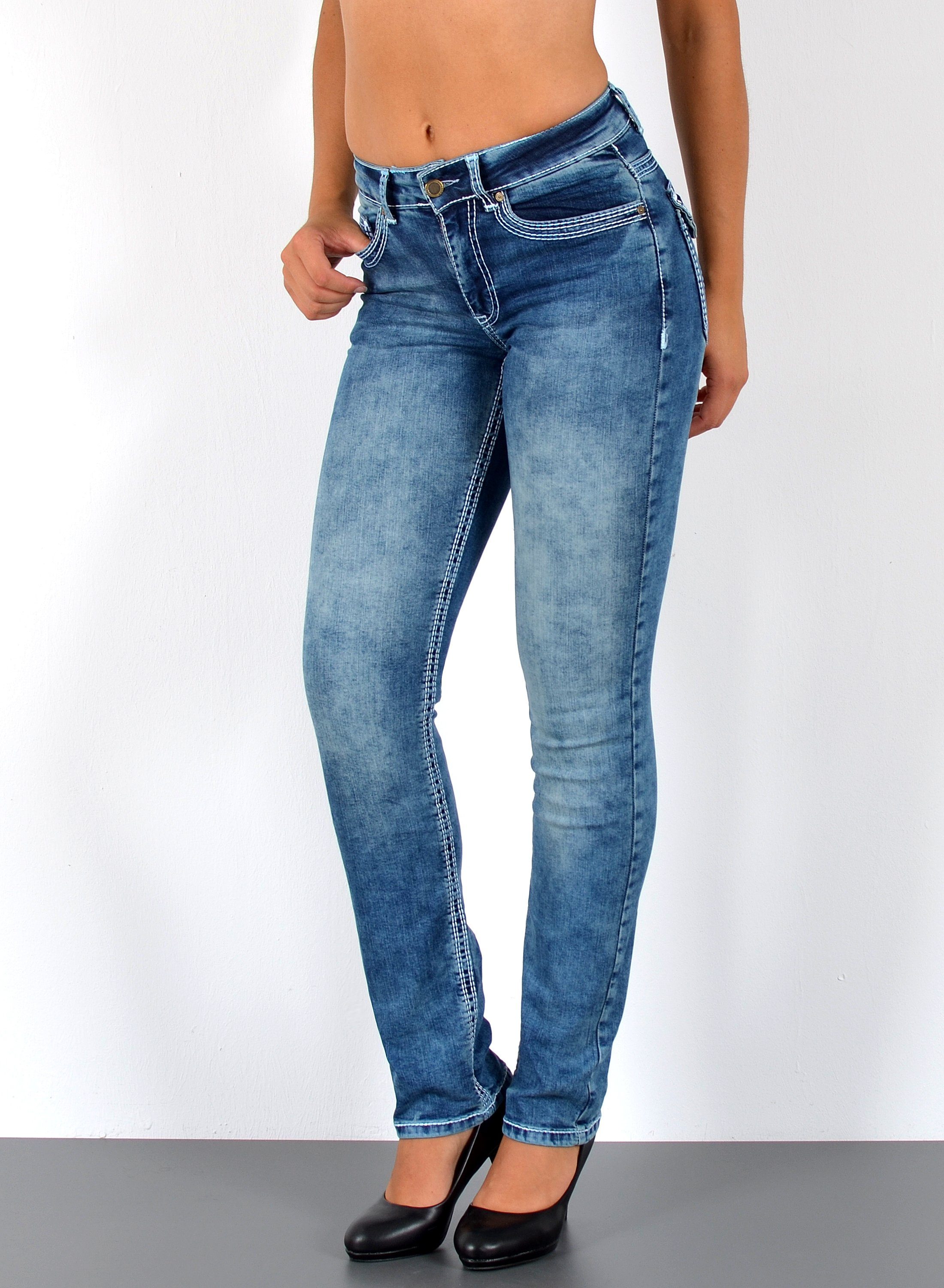ESRA Straight-Jeans High Waist Straight Fit Jeans Damen Stretch Hose mit dicker Naht G11 High Waist Damen Jeanshose Straight Leg mit dicker Naht bis Übergröße