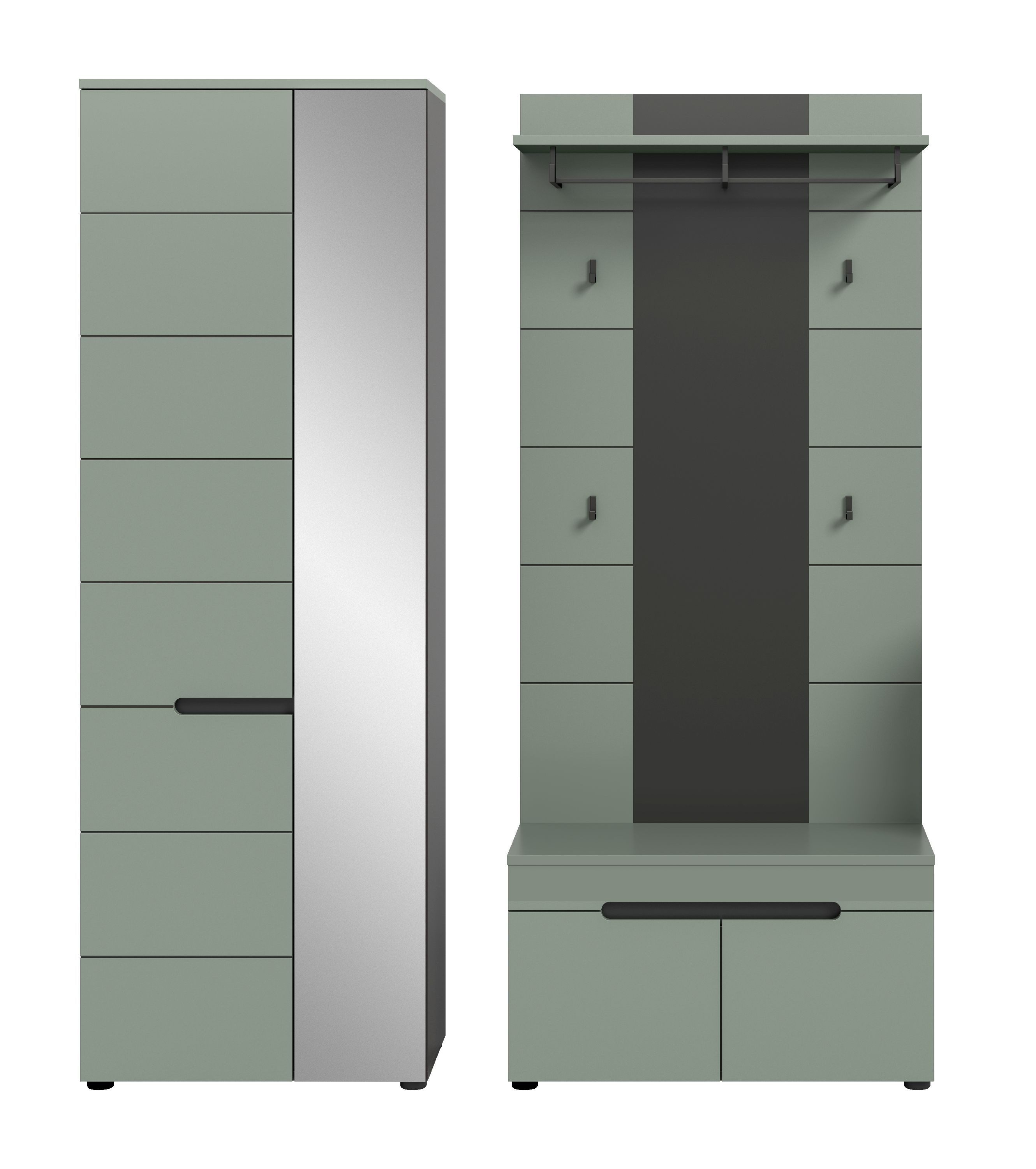 xonox.home Garderoben-Set, (3tlg. Set inkl. Garderobenschrank, Sitzbank, Paneel), Smoke Green Melamin beschichtet modern 160x190x37 cm