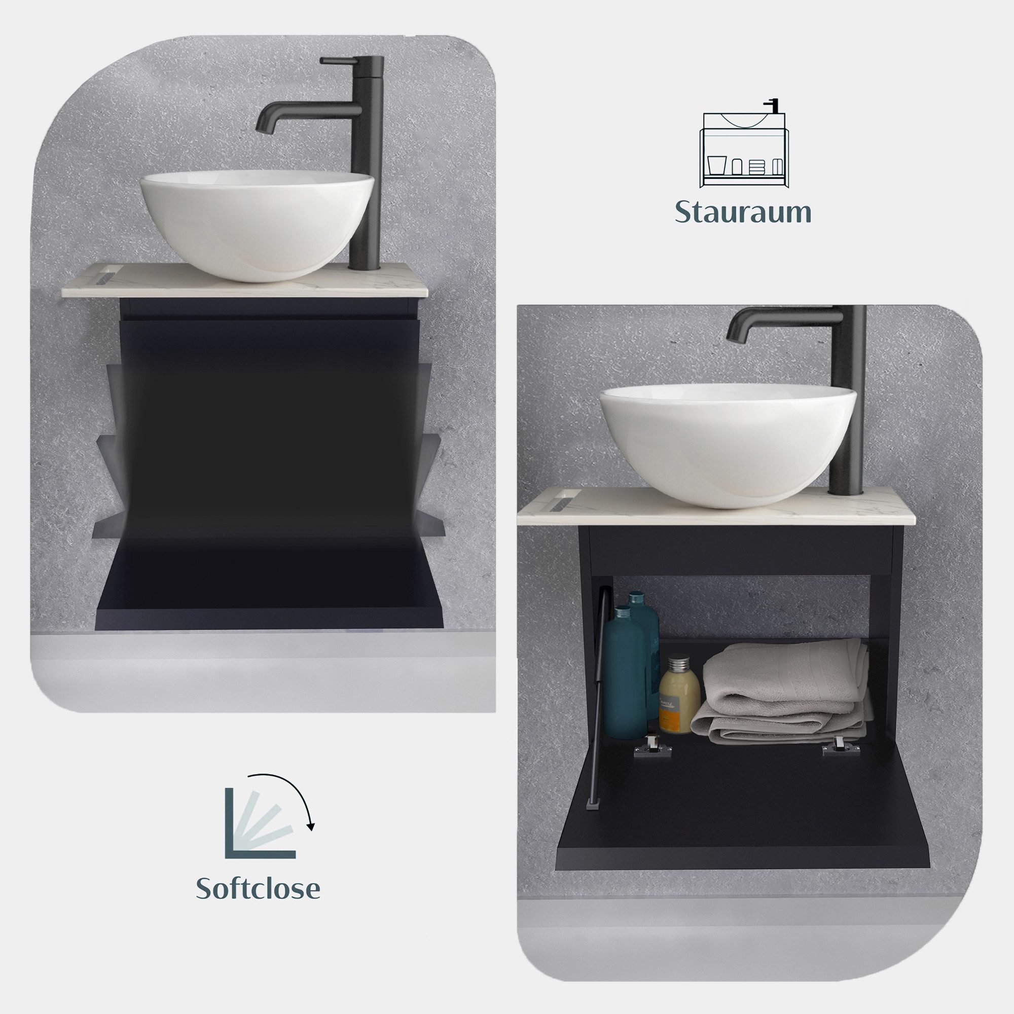Alpenberger Badmöbel-Set mit Aufsatzwaschbecken Waschtisch mit Unterschrank & Keramikplatte, (Waschbeckenunterschrank mit Softclose, Waschtischunterschrank häng – Bild 4 von 5