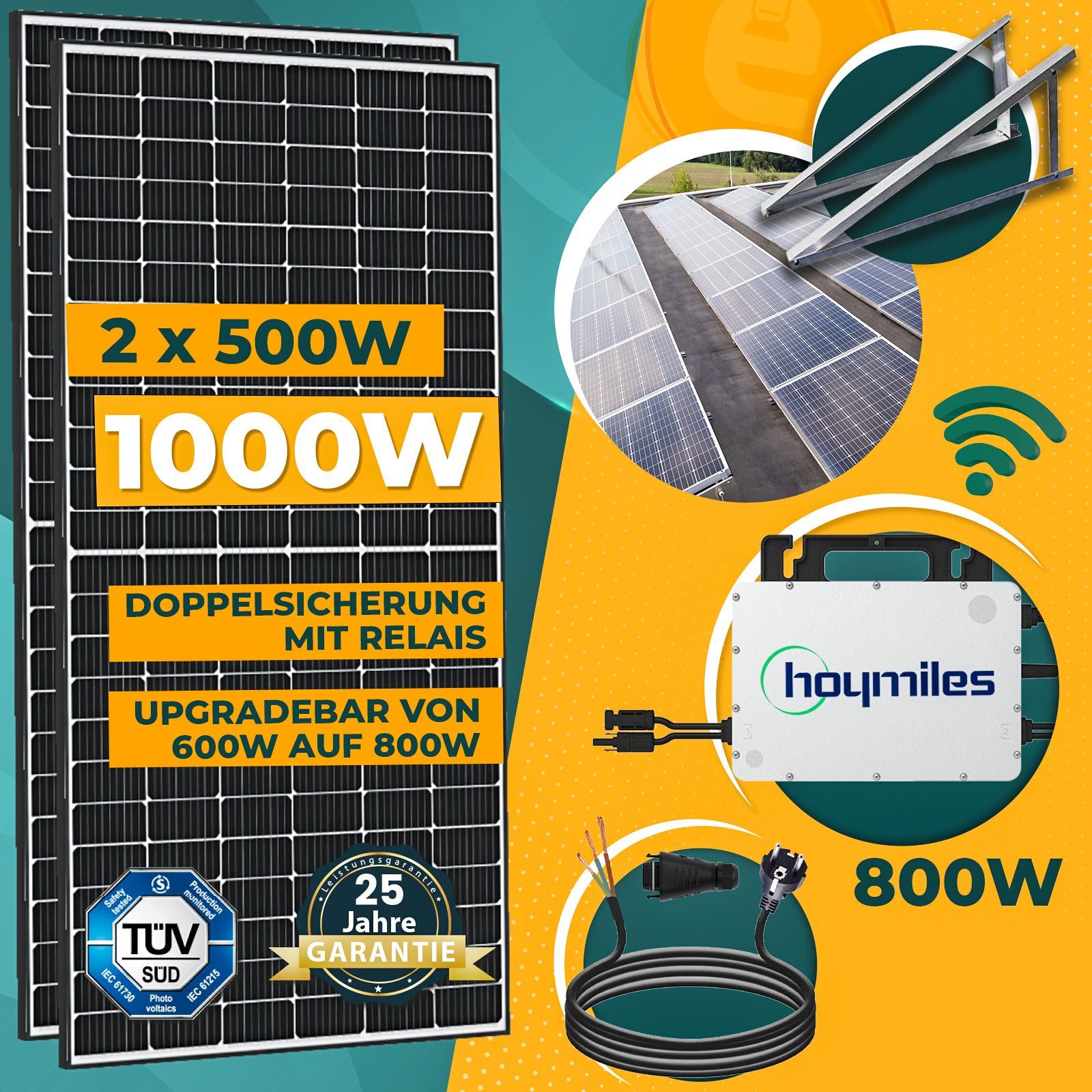 2000W Photovoltaik Balkonkraftwerk inkl. 500W Solarmodule, Hoymiles  HMS-1600-4T Wechselrichter  2000W Photovoltaik Balkonkraftwerk inkl. 500W  Solarmodule, Hoymiles HMS-1600-4T Wechselrichter, DTU-WLite-S, 10M  Wielandstecker und Balkongeländer Eckig PV