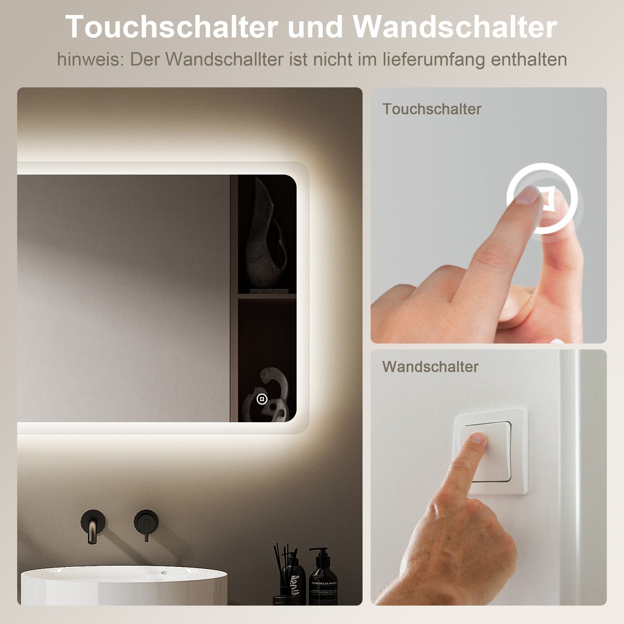 WDWRITTI Badspiegel Badezimmerspiegel mit Beleuchtung Wandspiegel Led Touch Wandschalter (Spiegel Bad, 3Lichtfarben, Memory, Helligkeit dimmbar), 3000K/4000K/65 – Bild 5 von 5