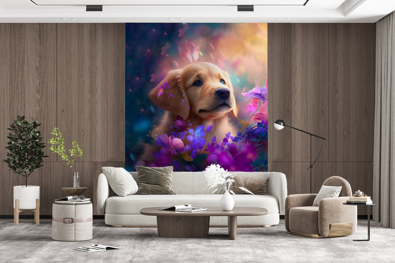 MuchoWow Fototapete Hund - Wandtapete Retriever, Blumen - St), - - Vinyl Wohnzimmer, Golden für bedruckt, Matt, Sonne Montagefertig Tapete Welpe (4