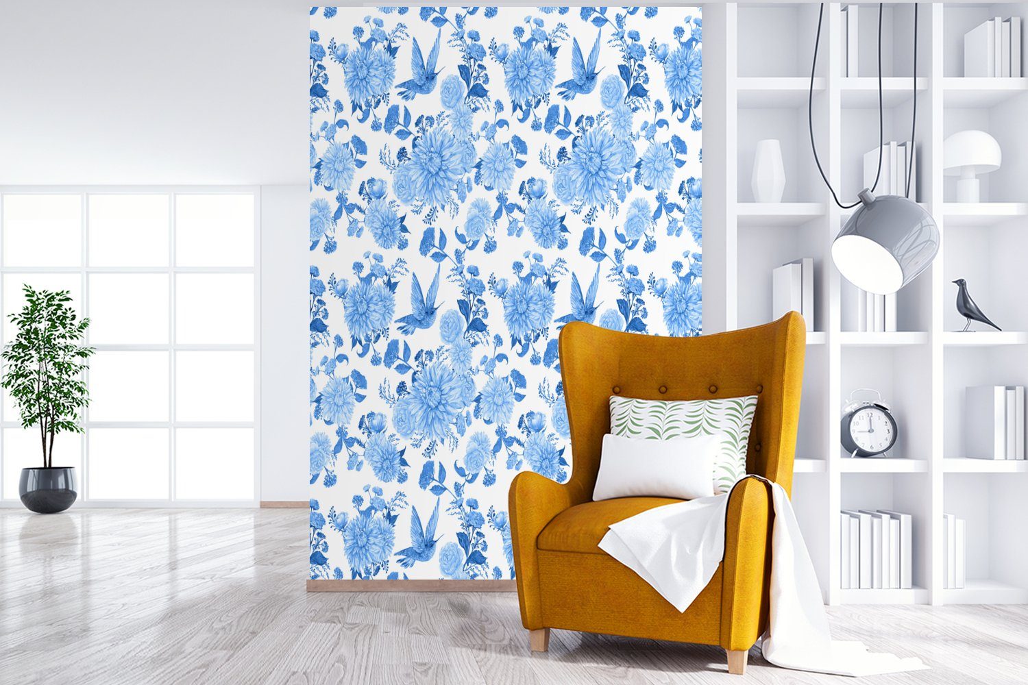 MuchoWow Fototapete Matt, bedruckt, Muster Blumen Wandtapete - (3 St), Tapete Wohnzimmer, für Blau, Montagefertig - Vinyl