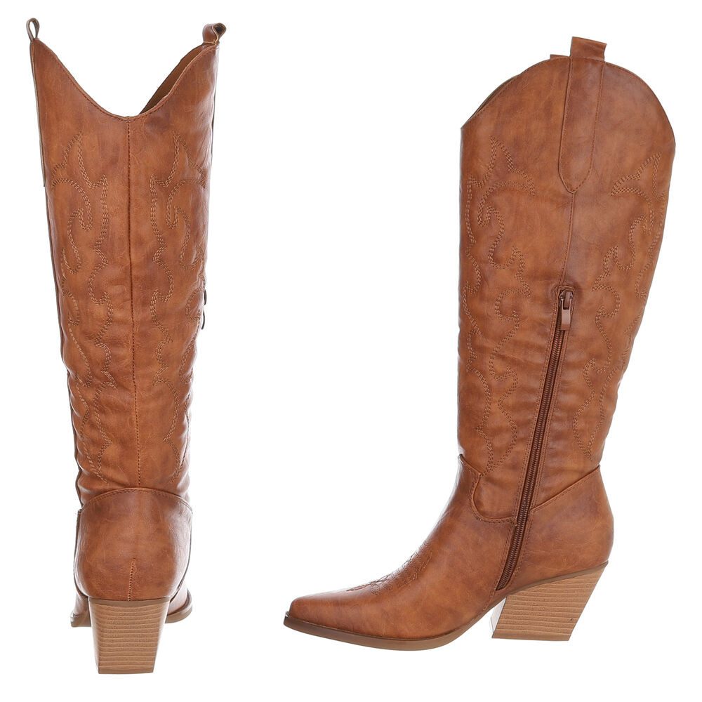 Ital-Design Elegante Stiefeletten mit hohem Absatz für Damen Westernstiefel (90153161) Blockabsatz Stiefel in Camel