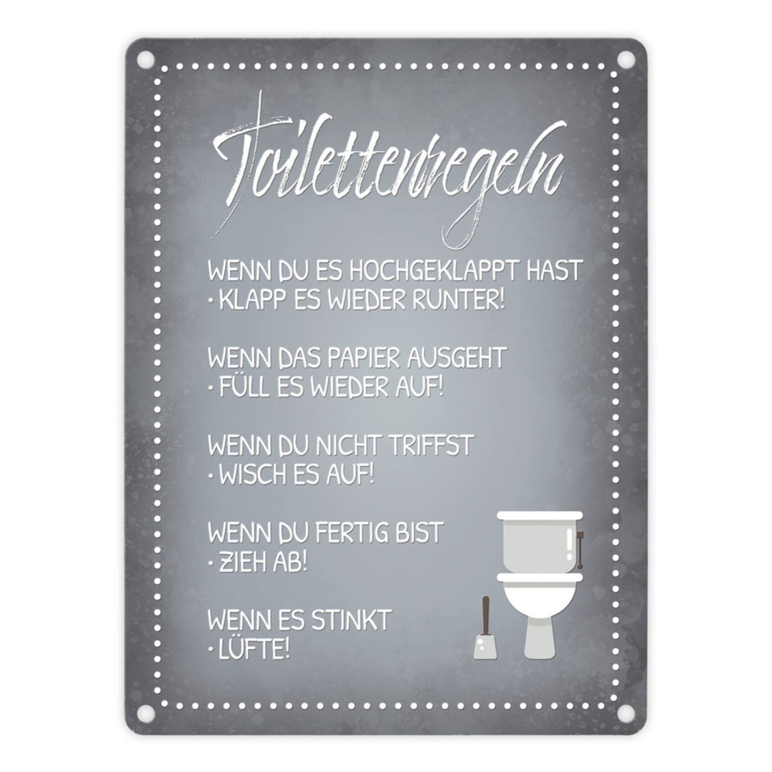 Metallschild Toilettenregeln Metallschild in grau mit Toilette Motiv Klo Hygiene