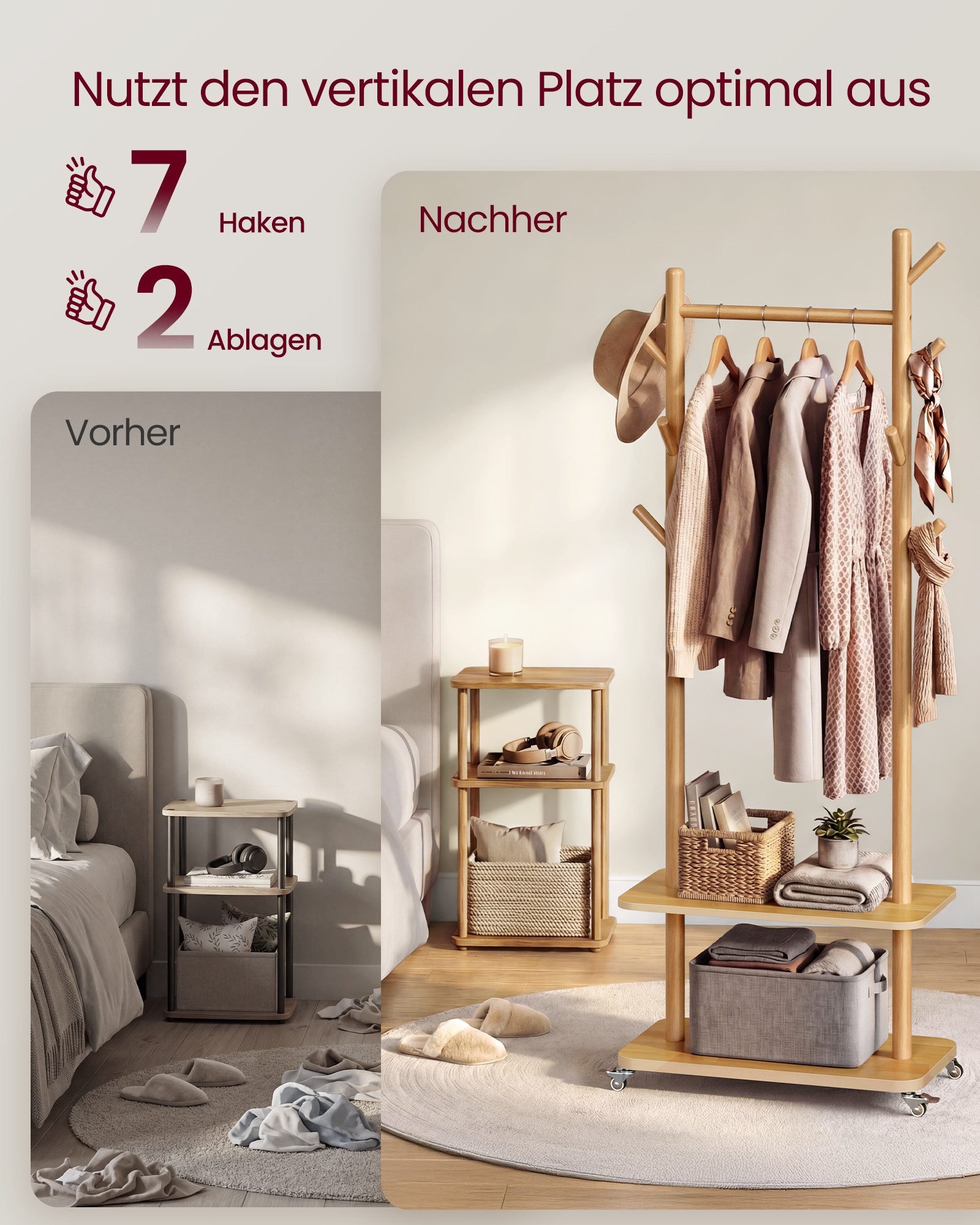 VASAGLE Garderobenständer Kleiderständer, Flur, Schlafzimmer, Wohnzimmer, Haken und Stange aus Massivholz