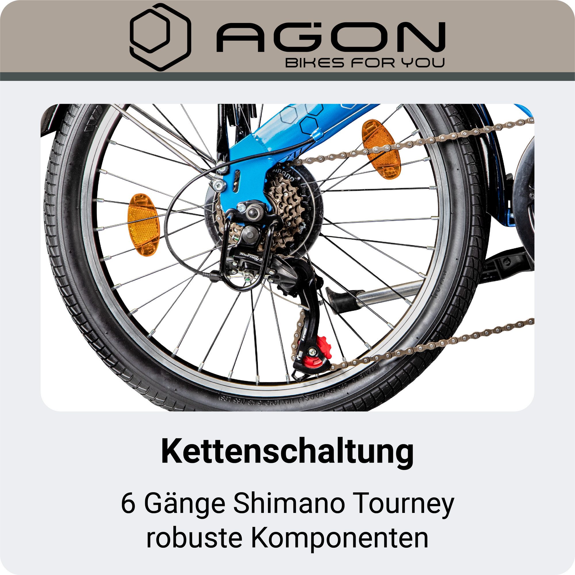 agon® Faltrad Parklane, 6 Gang Shimano Tourney SIS Schaltwerk, Kettenschaltung, 20 Zoll Klapprad 150 - 185 cm mit StVZO Licht Faltrad City Urban Bike