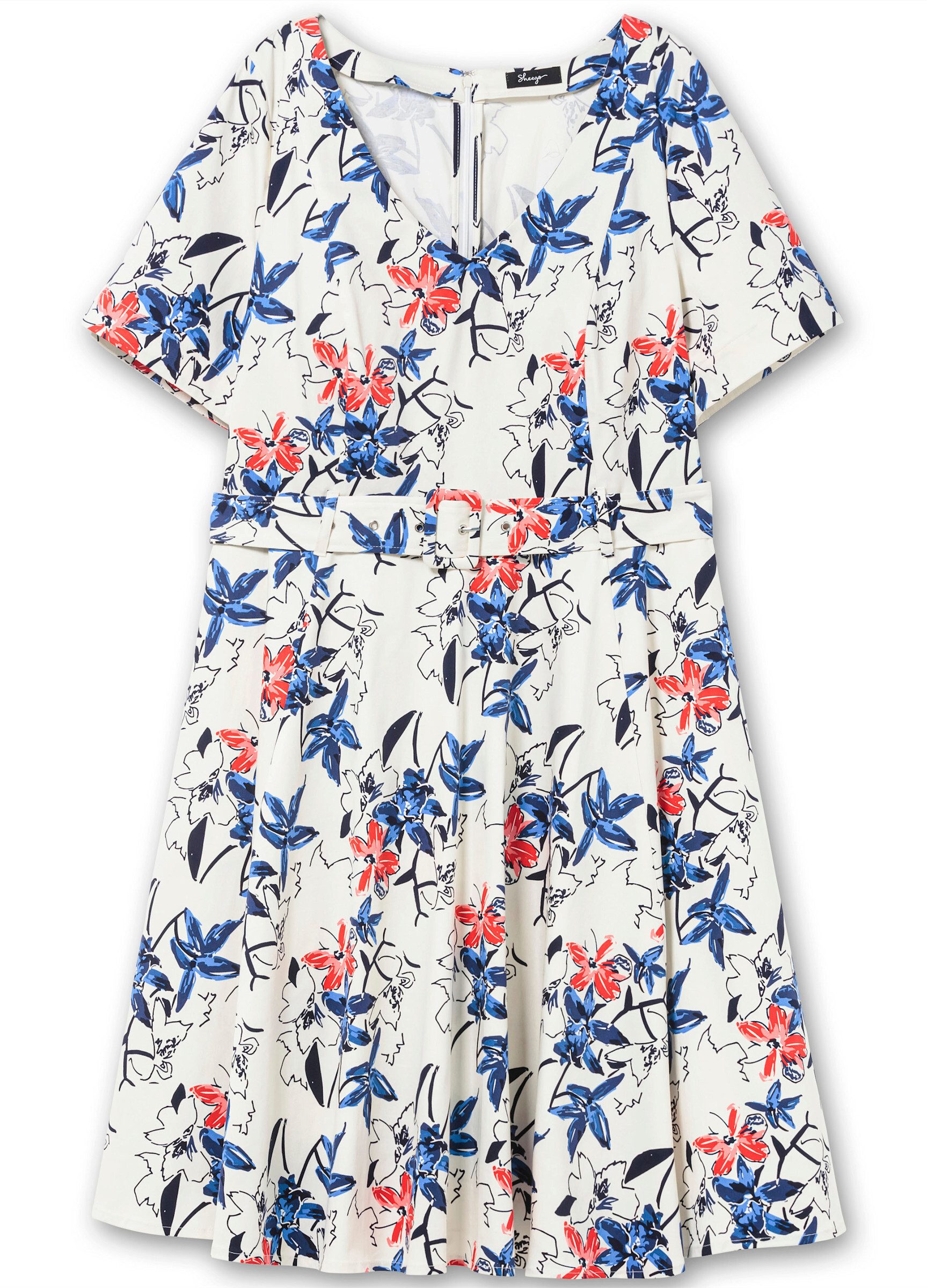 Sheego Etuikleid Abendkleid Kurzarm mit Blumenprint und Stoffgürtel – Bild 4 von 5