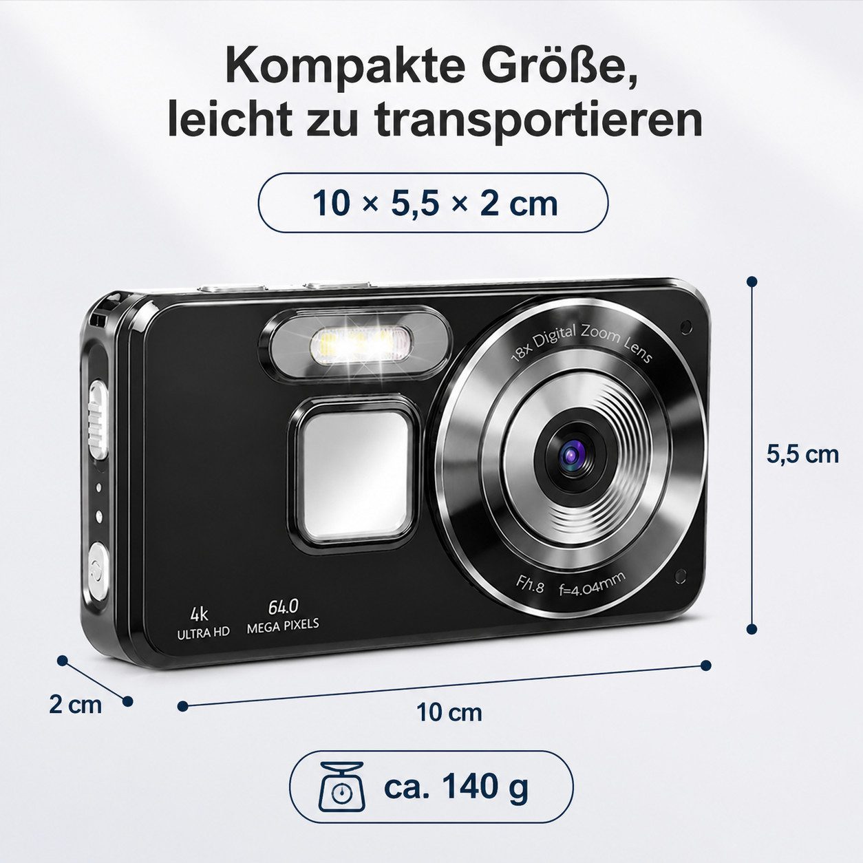 XEOOCE Digitalkamera 4K 64MP 2,8 Zoll LCD 18x Zoom Vlog Kamera Kompaktkamera (64 MP, 32-GB-SD-Karte, Transporttasche, USB-C-Kabel)