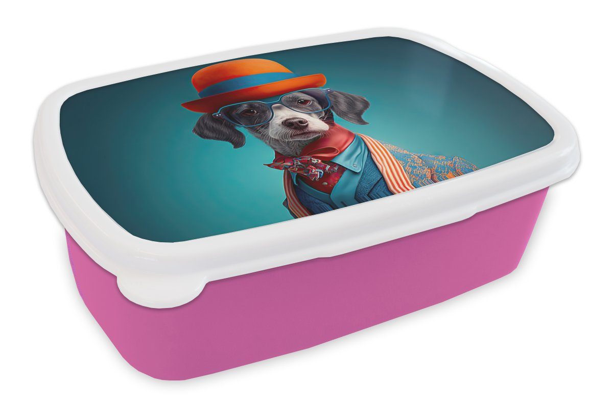 MuchoWow Lunchbox Hund - Jacke - Blumen - Porträt - Blau, Kunststoff, (2-tlg), Brotbox für Erwachsene, Brotdose Kinder, Snackbox, Mädchen, Kunststoff rosa