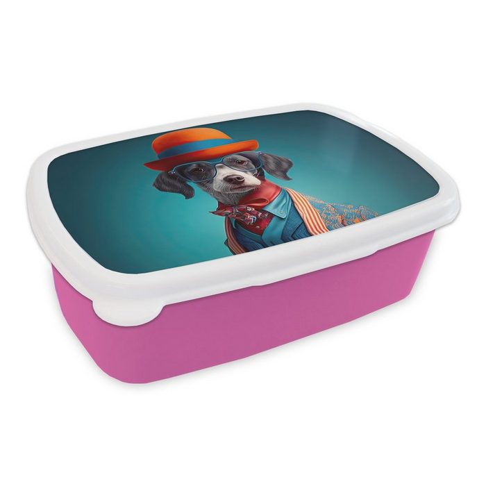 MuchoWow Lunchbox Hund - Jacke - Blumen - Porträt - Blau Kunststoff (2-tlg) Brotbox für Erwachsene Brotdose Kinder Snackbox Mädchen Kunststoff