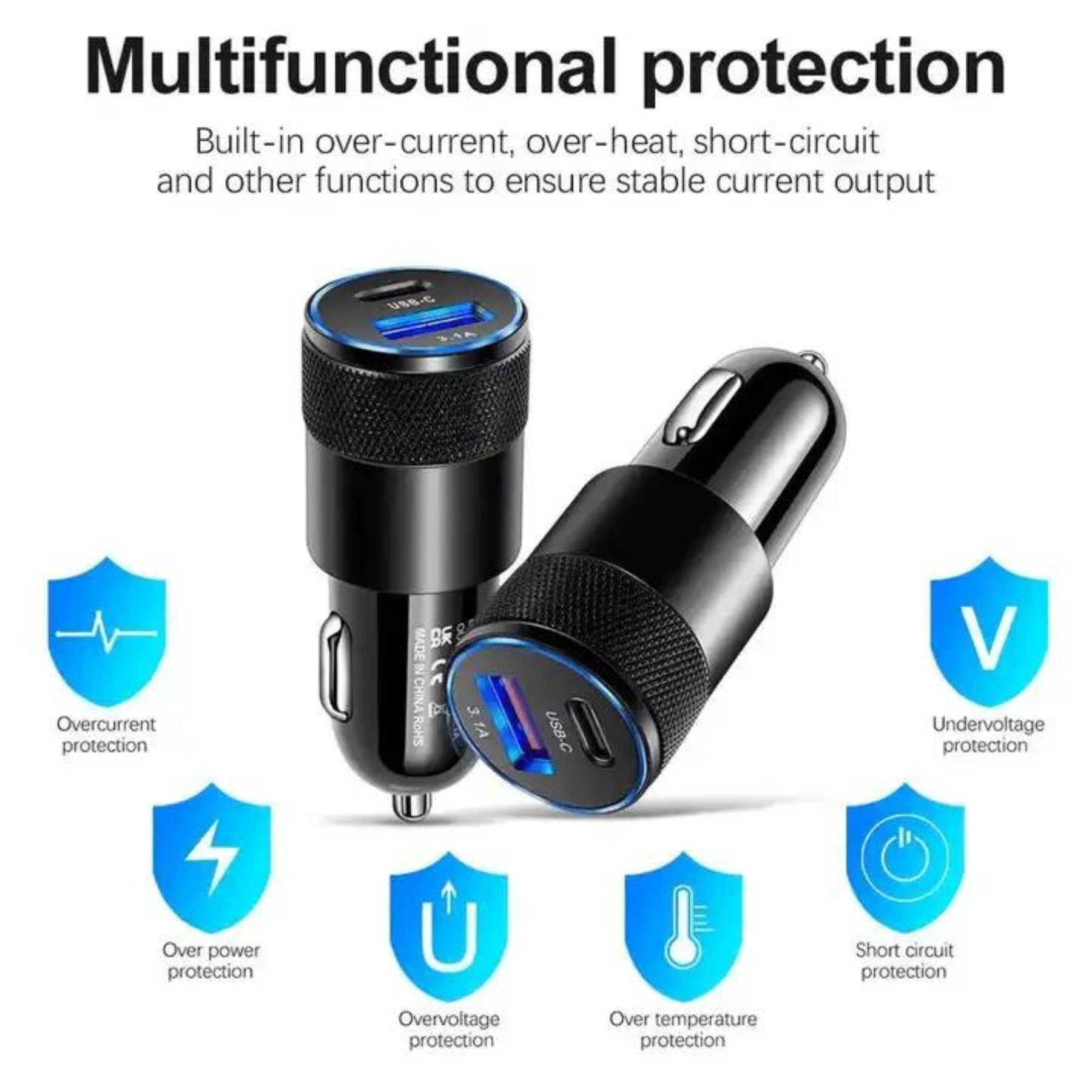 Alpha Electronics Auto Ladegerät USB Typ C 3.1 Smart Ladeadapter KFZ Zigarettenanzünder KFZ-Adapter CEE Stecker zu USB Typ A, USB Typ C, 2 USB Ladeanschlüsse