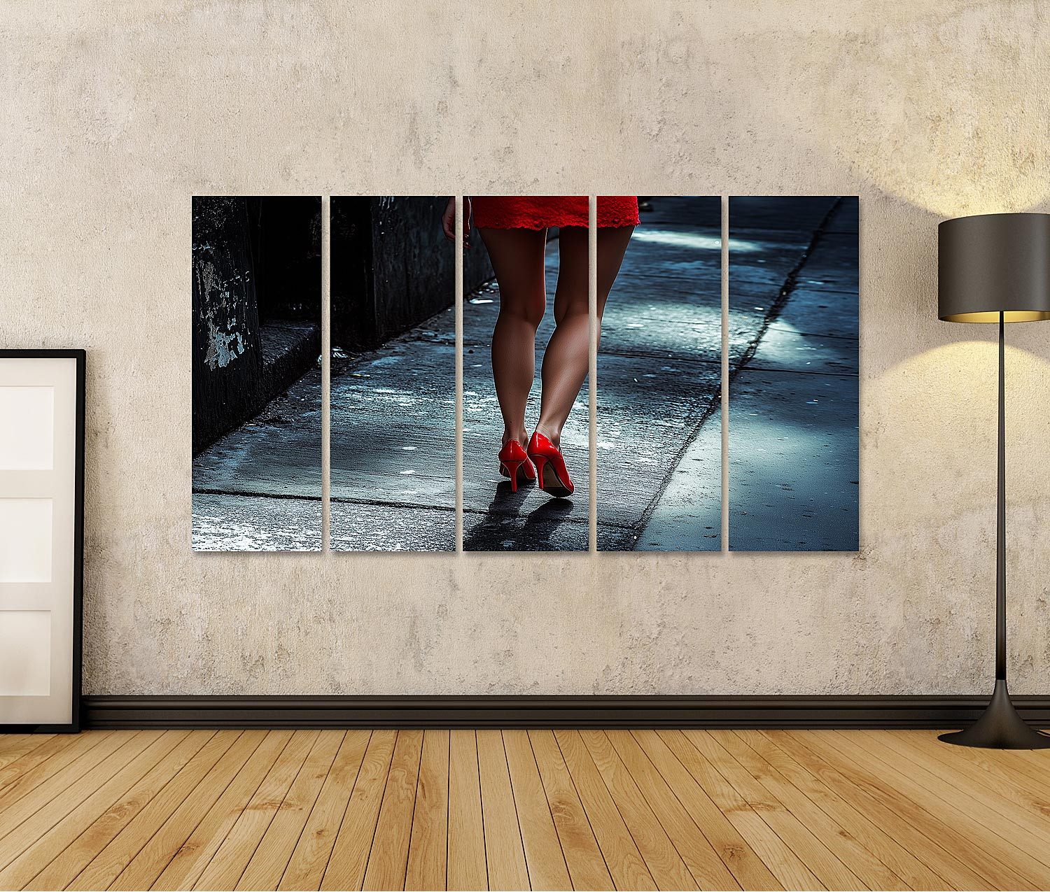 islandburner Leinwandbild Rote High Heels Schuhe auf nassem Pflaster