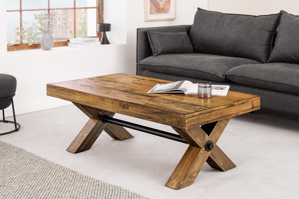 riess-ambiente Couchtisch GOLIATH 110cm natur/schwarz - Pinienholz, Metall, X-Gestell, eckig (Einzelartikel, 1-St), Beistelltisch mit Mittelstange - ideal für Arbeits- und Wohnzimmer