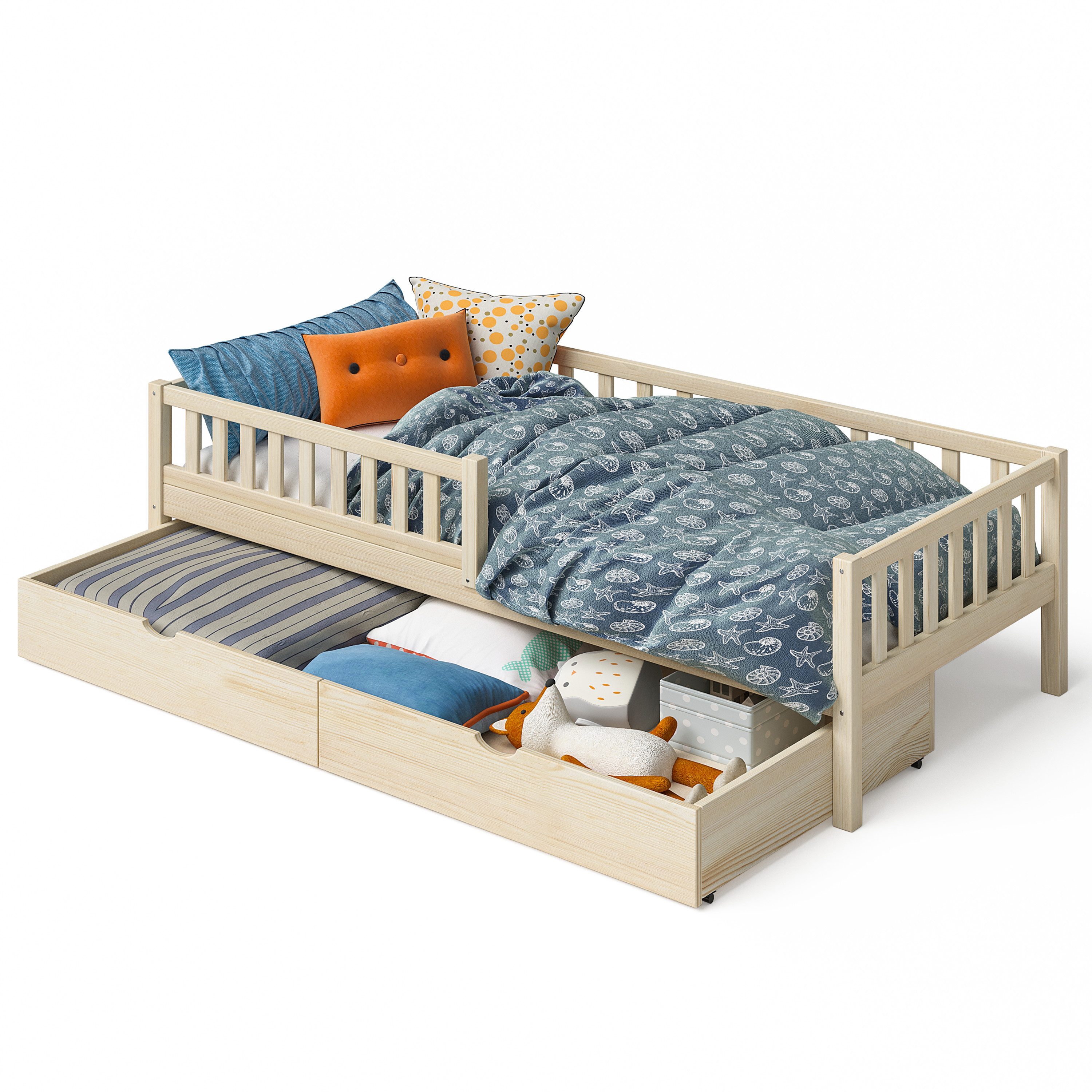 Bellabino Kinderbett Vils (Bett 90x200 cm mit großer Schublade, natur), mit Lattenrost und Rausfallschutz, aus Kiefer Massivholz
