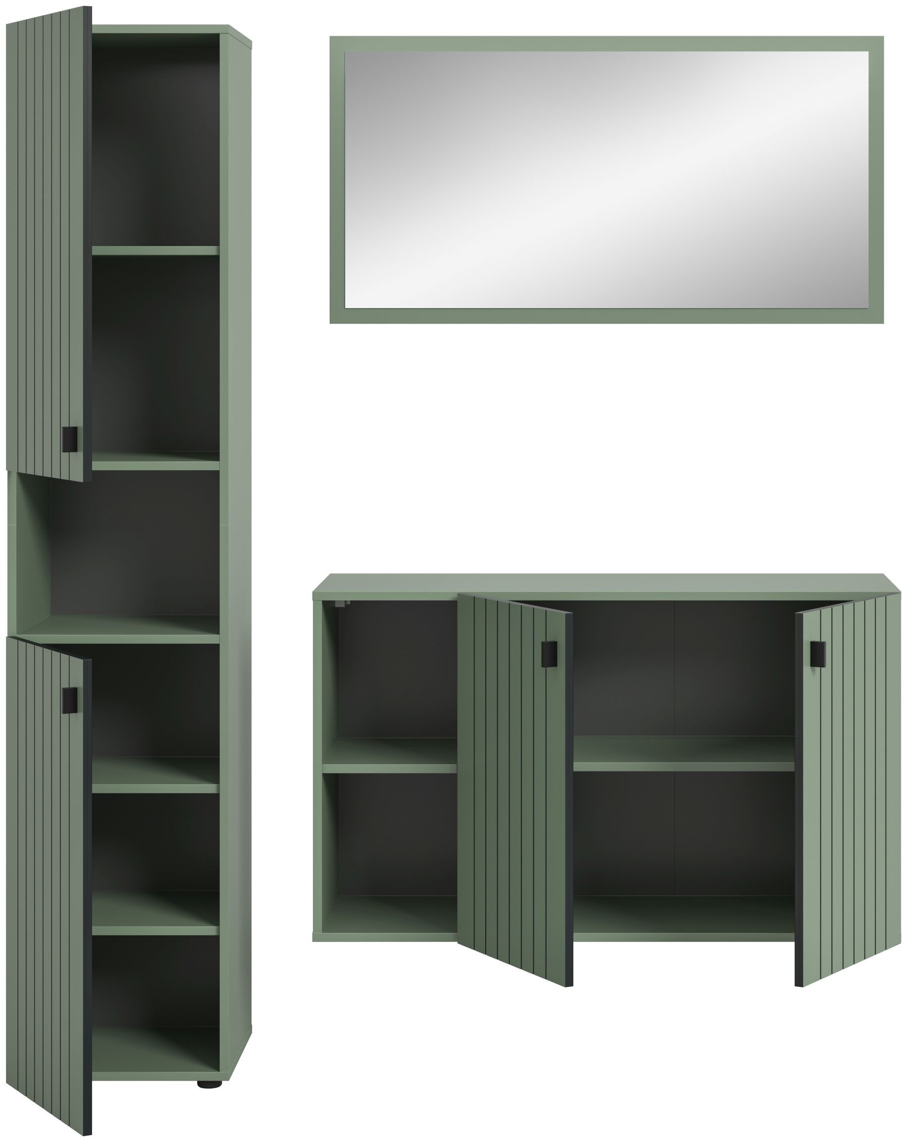 xonox.home Garderoben-Set, (3-tlg. Garderobenschrank, Schuhkommode & Garderobenspiegel), in Smoke Green Nachbildung B/H/T ca.: 161/192/37 cm