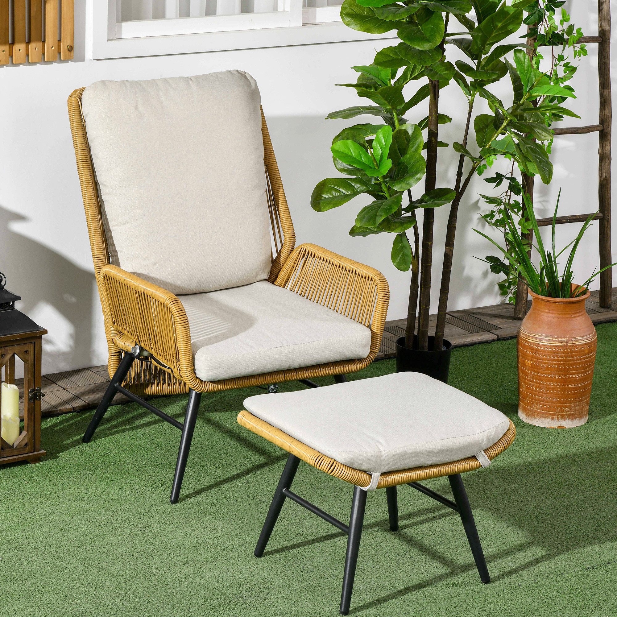Outsunny Sitzgruppe Rattan Relaxsessel mit Fußhocker, günstig online kaufen