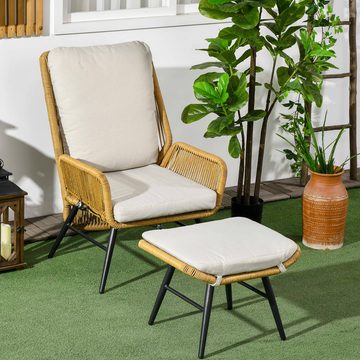 Outsunny Sitzgruppe Rattan Relaxsessel mit Fußhocker, verstellbarer Rückenlehne, (Rattanstuhl, 2-tlg., Gartensessel), für Garten, Balkon, Stahl, Polyester Natur