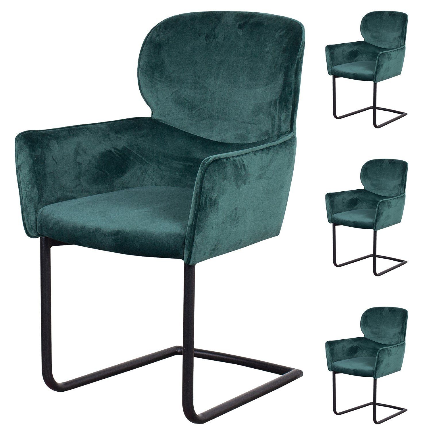 bene living dunkelgrün Metall-Gestell Sessel Rückenlehne hohe - gepolstert (Set, - - Esszimmer - Samt Armlehnen 4-St), Samtbezug - - - Venedig