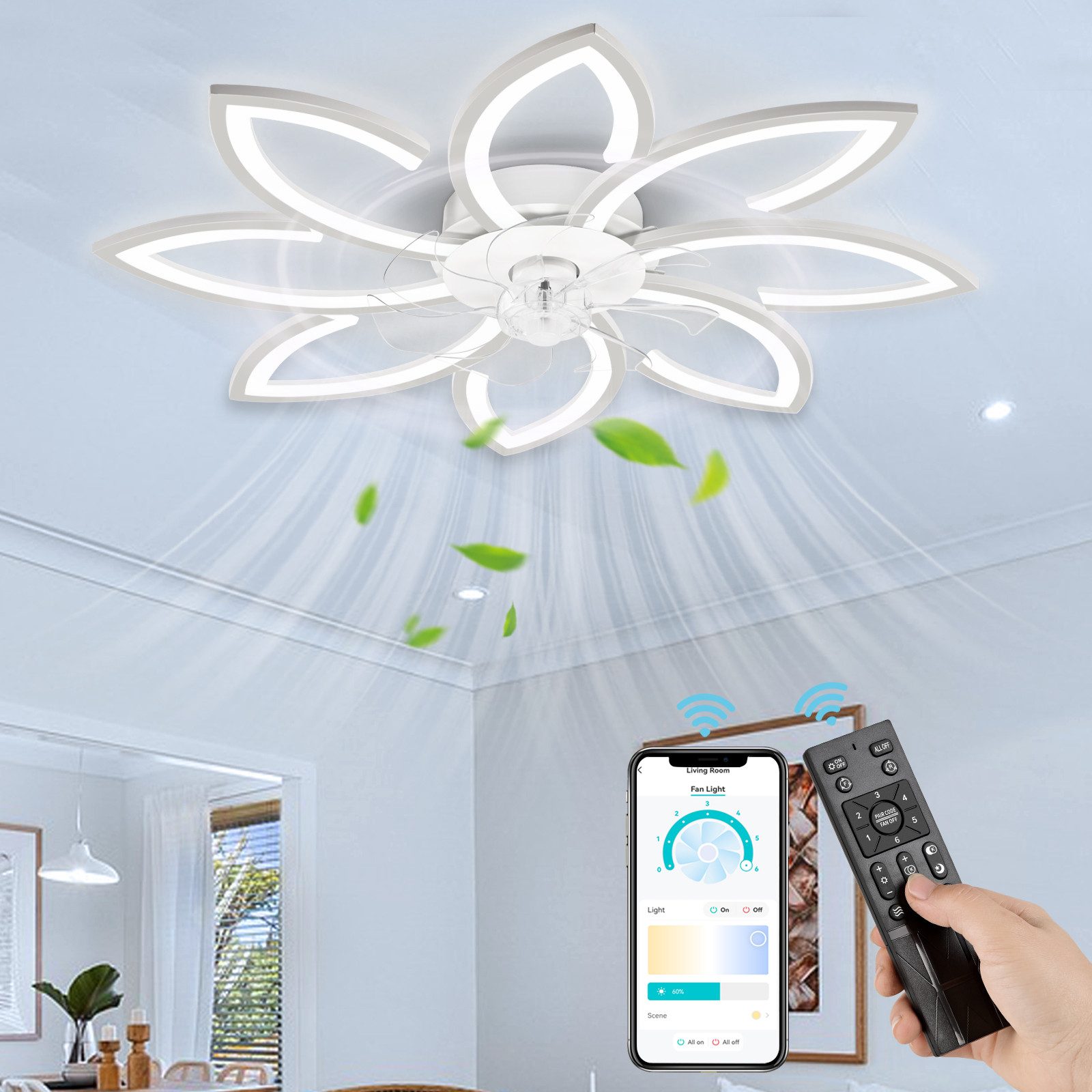NACATIN Deckenventilator mit Beleuchtung, 6 Geschwindigkeiten, dimmbar, 3 Farbtemperaturen, Timer & Umkehrfunktion, Fernbedienung & APP