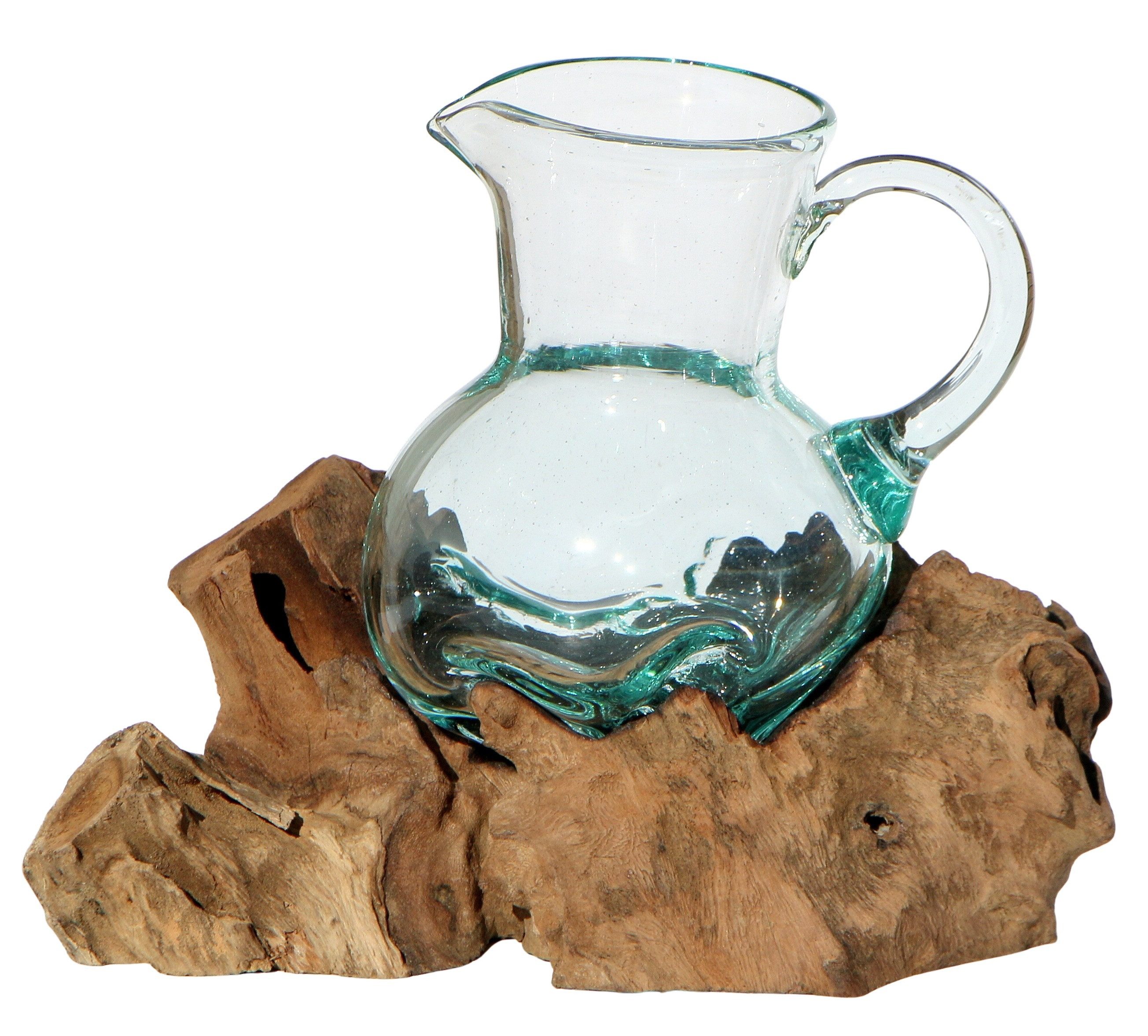 Wogeka Wasserkrug Glas-Krug auf Wurzelholz Kanne Teakholz Gamal Bali Vase