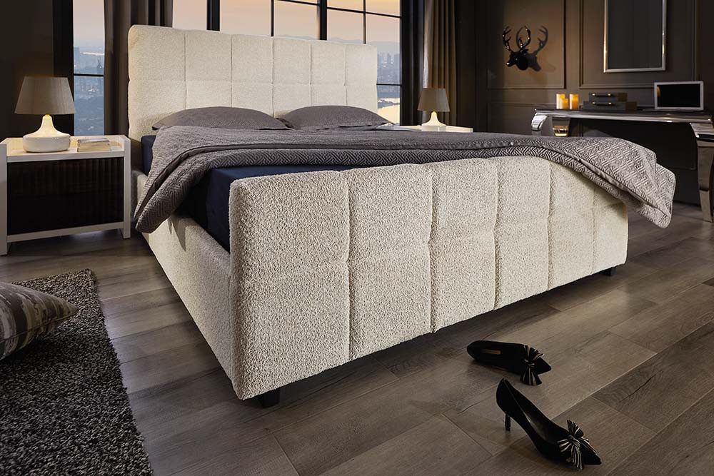 riess-ambiente Boxbett PRESTIGE 160x200cm creme Bouclé – mit Bettkasten & Kopfteil gepolstert (Einzelartikel, 1-St), Teddystoff-Optik, Stauraum unter der Liegefläche, elegantes Design