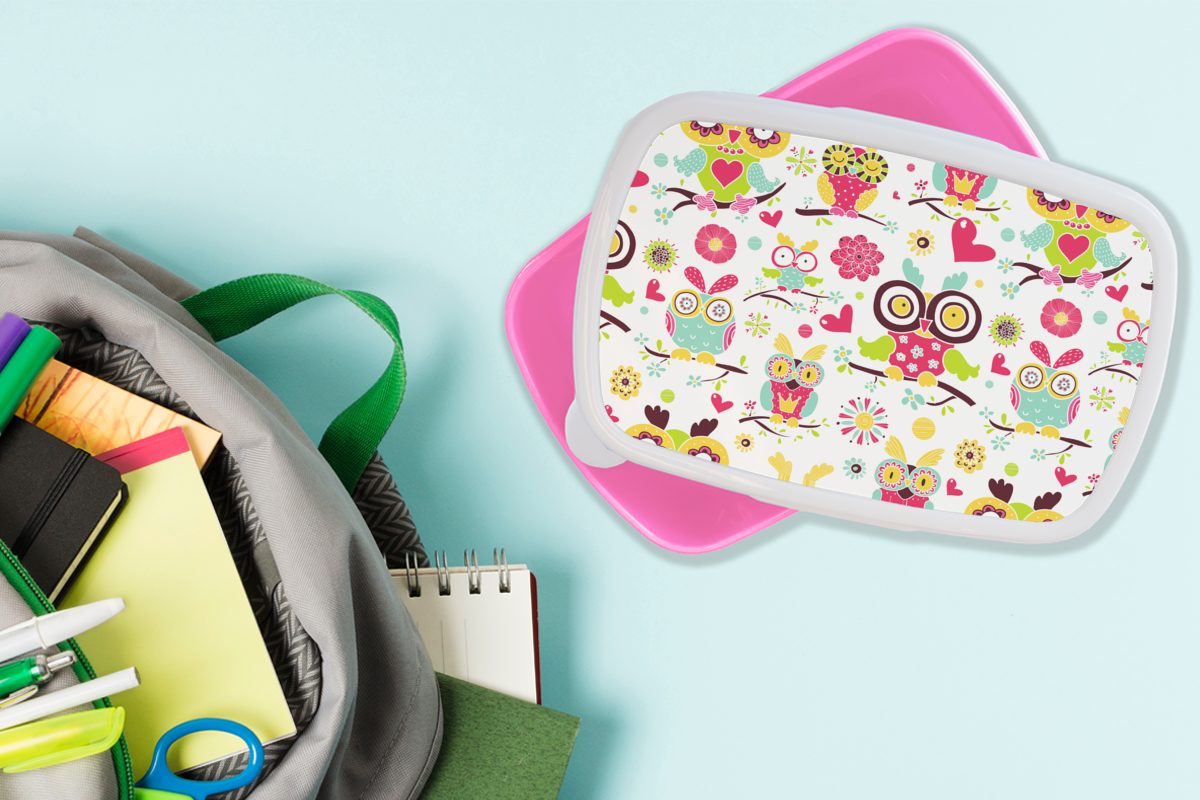 MuchoWow Lunchbox Muster rosa (2-tlg), Snackbox, Kinder, Erwachsene, Brotdose Brotbox für Tiere, - Mädchen, Kunststoff, Eule Kunststoff 
