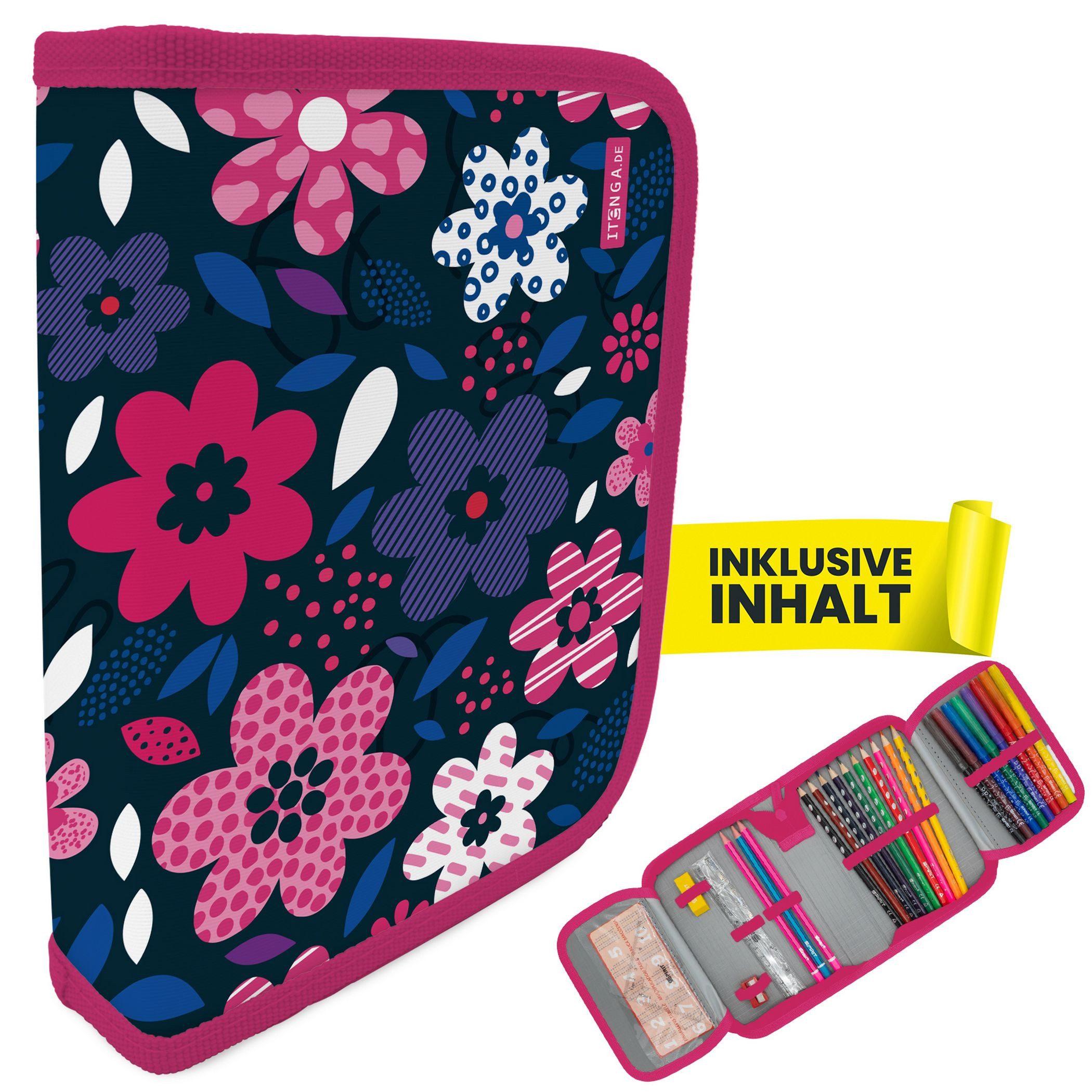 Federmäppchen itenga Schüler-Etui Mäppchen Blumen 28 teilig (gefüllt) 1-Zipper