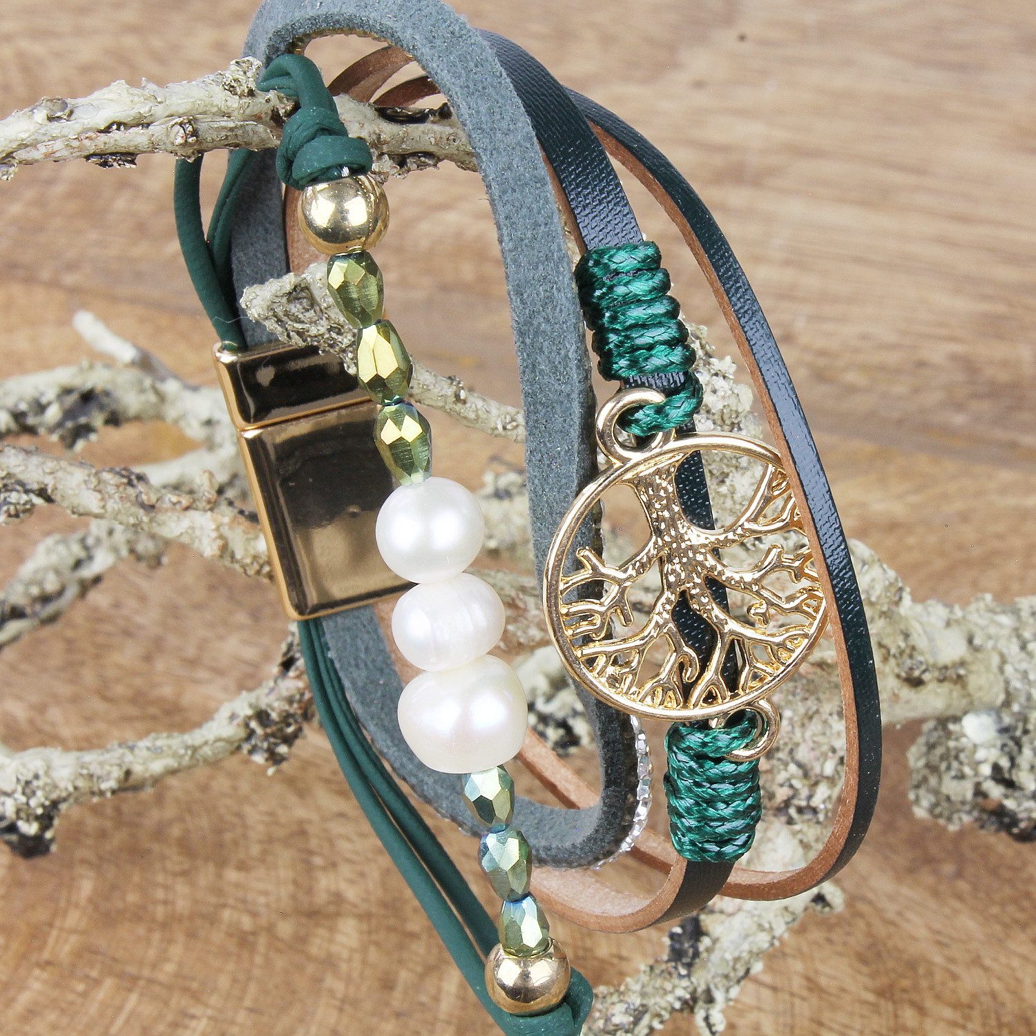 KARMA Lederarmband Damenarmband Leder grün gold günstig online kaufen