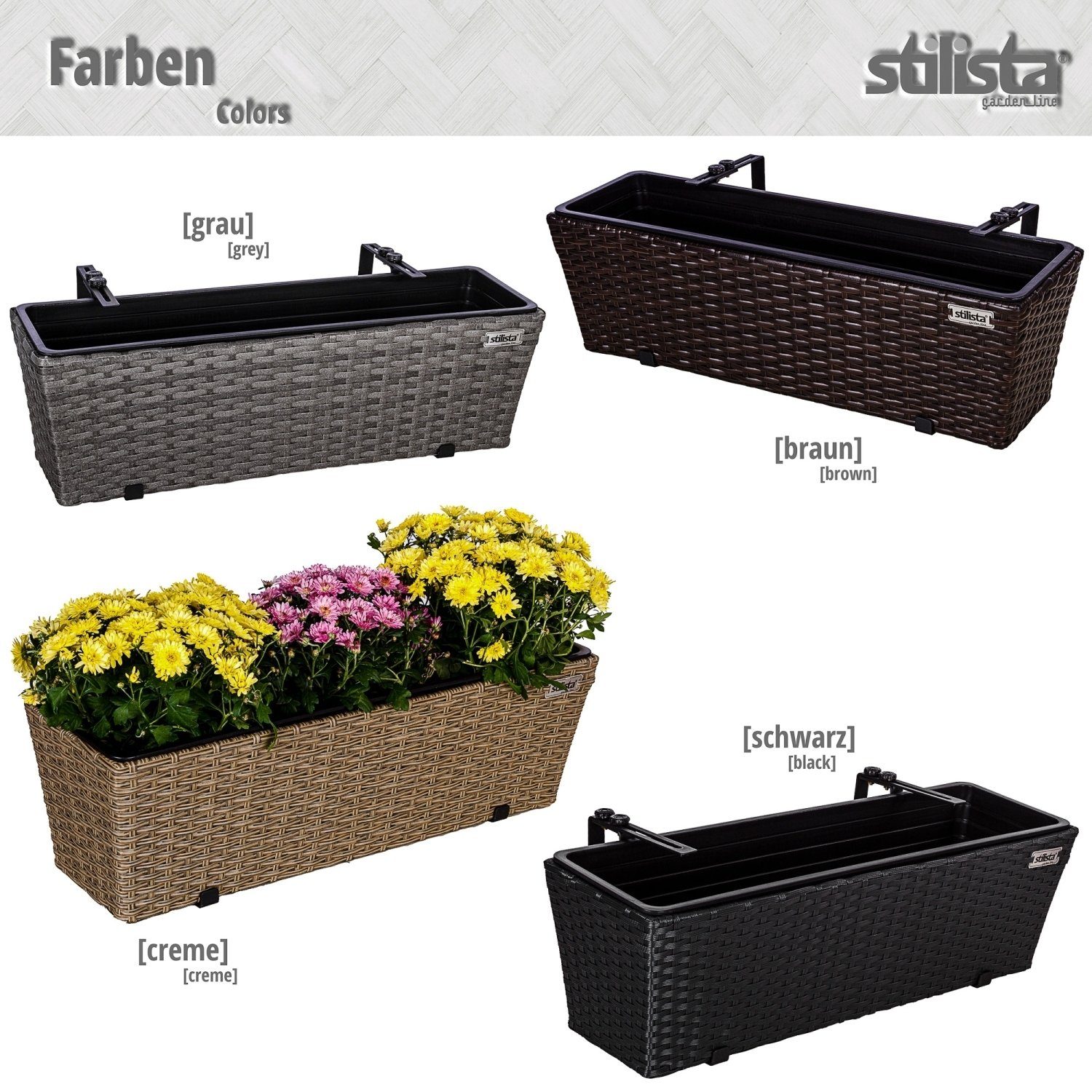 2er-Set), Blumenkübel herausnehmbarer Polyrattan Blumenkasten Balkonkasten verstellbare Hängekasten Grau (Set, Farbwahl Kunststoffeinsatz, & Aufhängung STILISTA