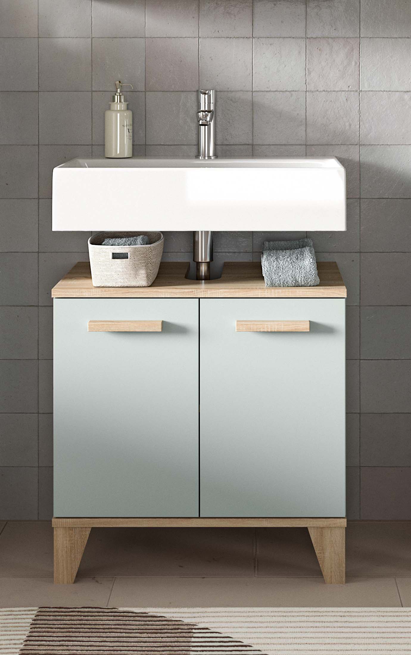 welltime Waschbeckenunterschrank MINTTU, Breite 60 cm, 2 Türen, 1 Einlegeboden, 2 Fächer (mit Siphonausschnitt 8x23 cm) Badmöbel, Badschrank, Schrank, Kommode, Bad, Unterschrank