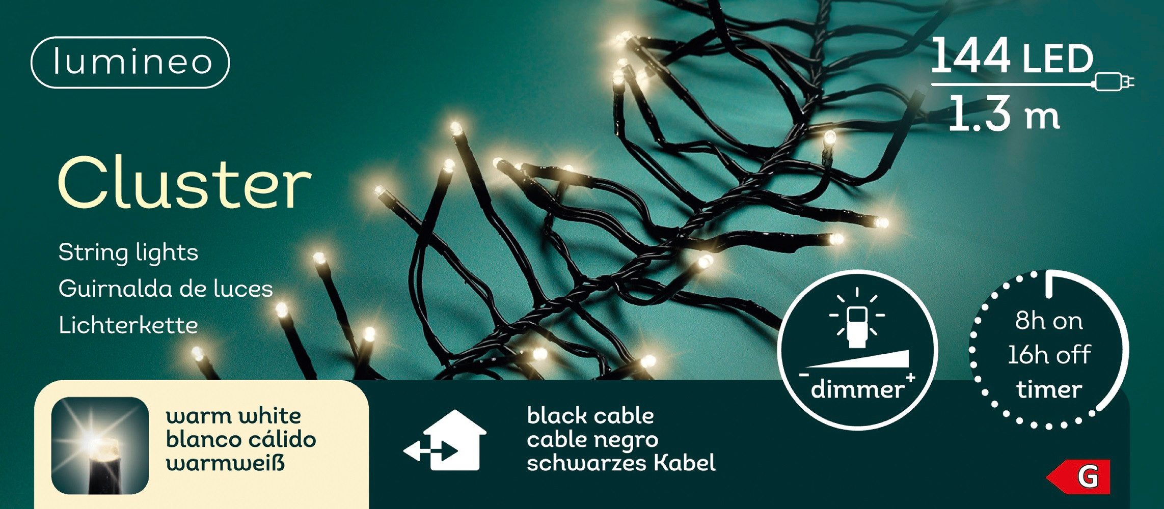 LED-Lichterkette Lumineo Lichterkette CLUSTER 144 LED 1,3 m warm weiß, schwarzes Kabel