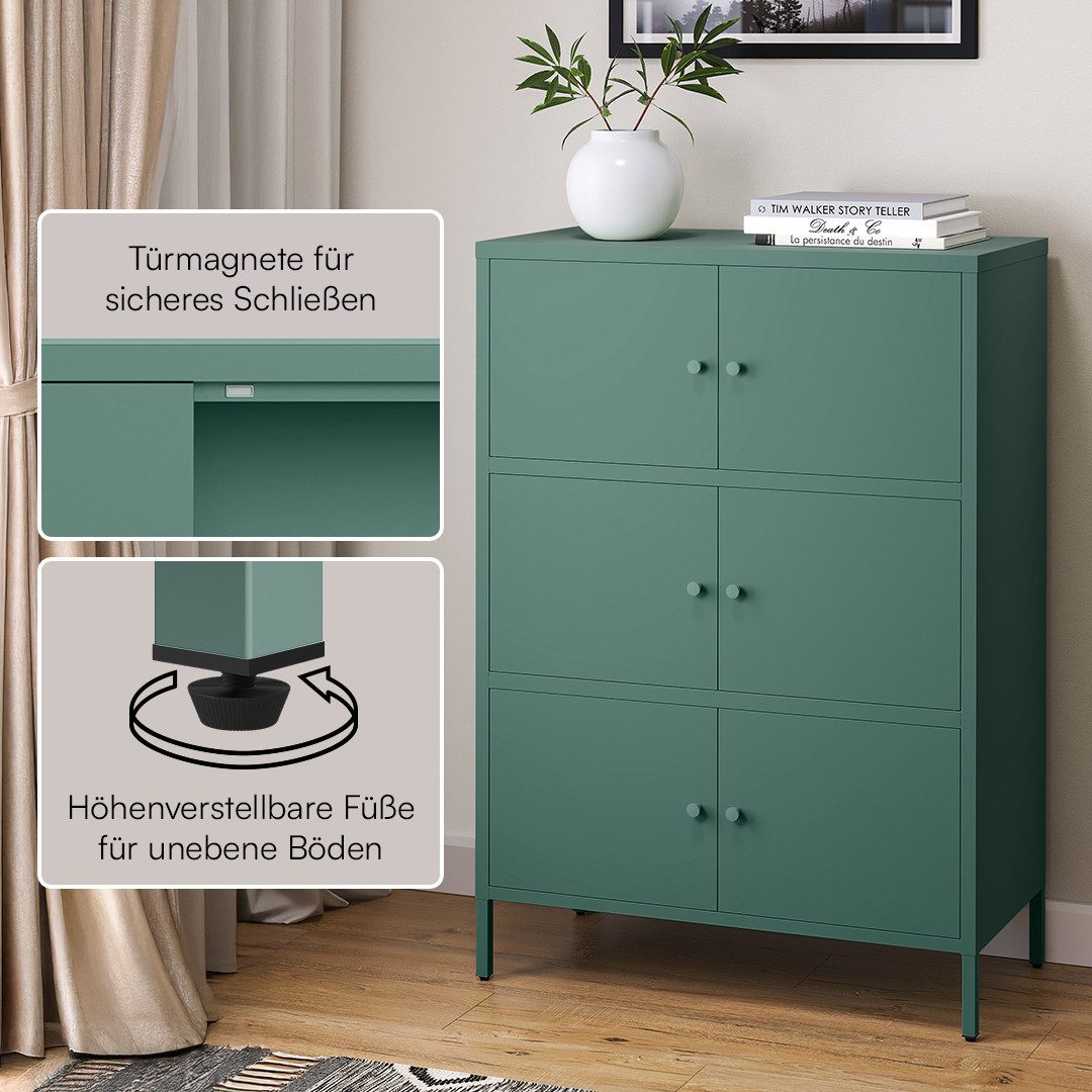 skølm Kommode Atriona aus Metall (Dunkelgrün, 3 Fächer & 6 Türen), Metallschrank 113,5 x 80 x 38 cm, auch verfügbar mit 2 Fächern