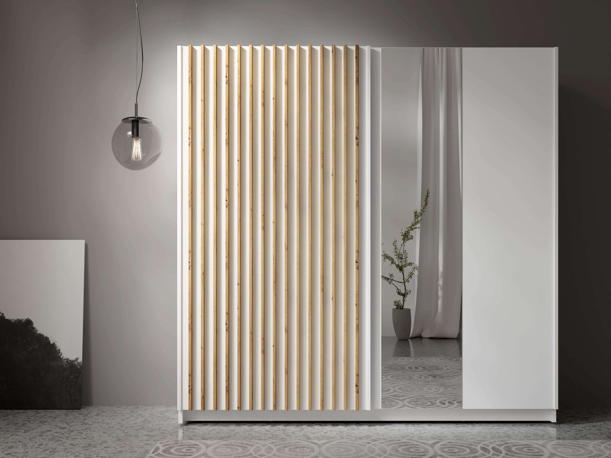 Home affaire Kleiderschrank Kleiderschrank Camden mit Spiegel, 4 Einlegeböden und Kleiderstange Garderobe mit 2 Schwebetüren und Lamellen, BxHxT 200,2x198,5x61,6 cm