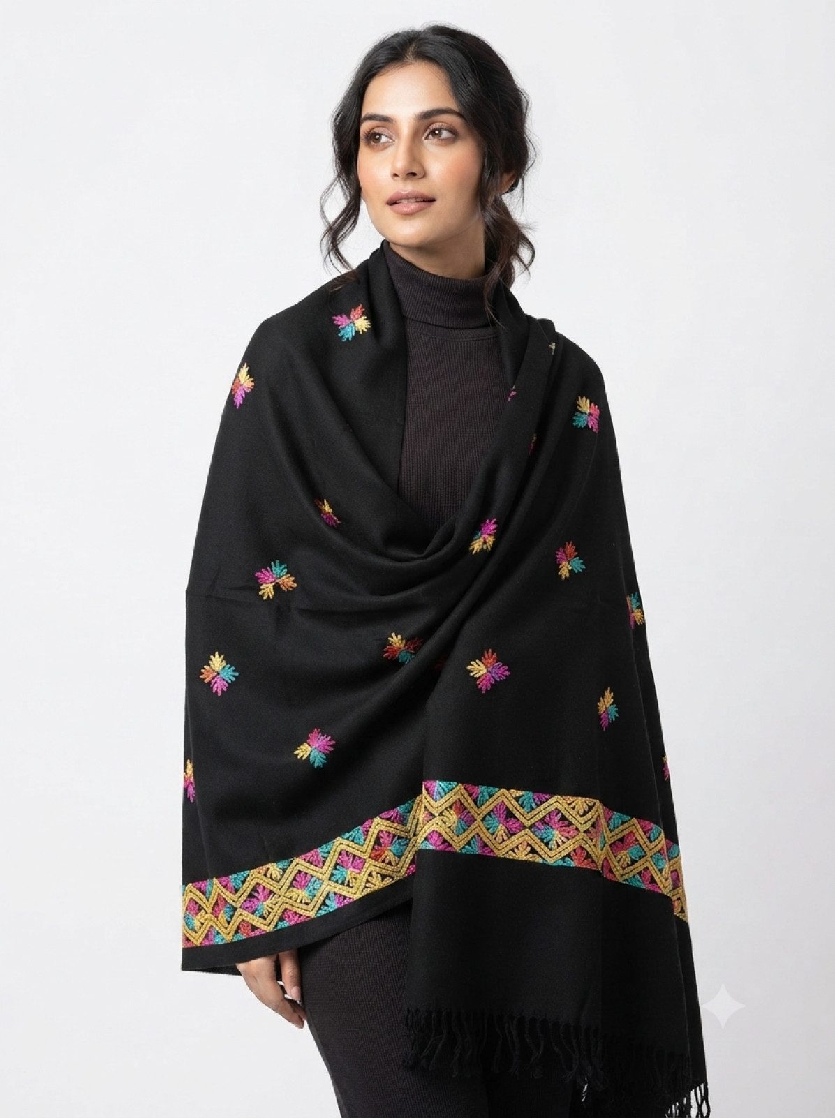 PfauGermany XXL-Schal Kashmiri Aari gestickter Winter Woll Schal