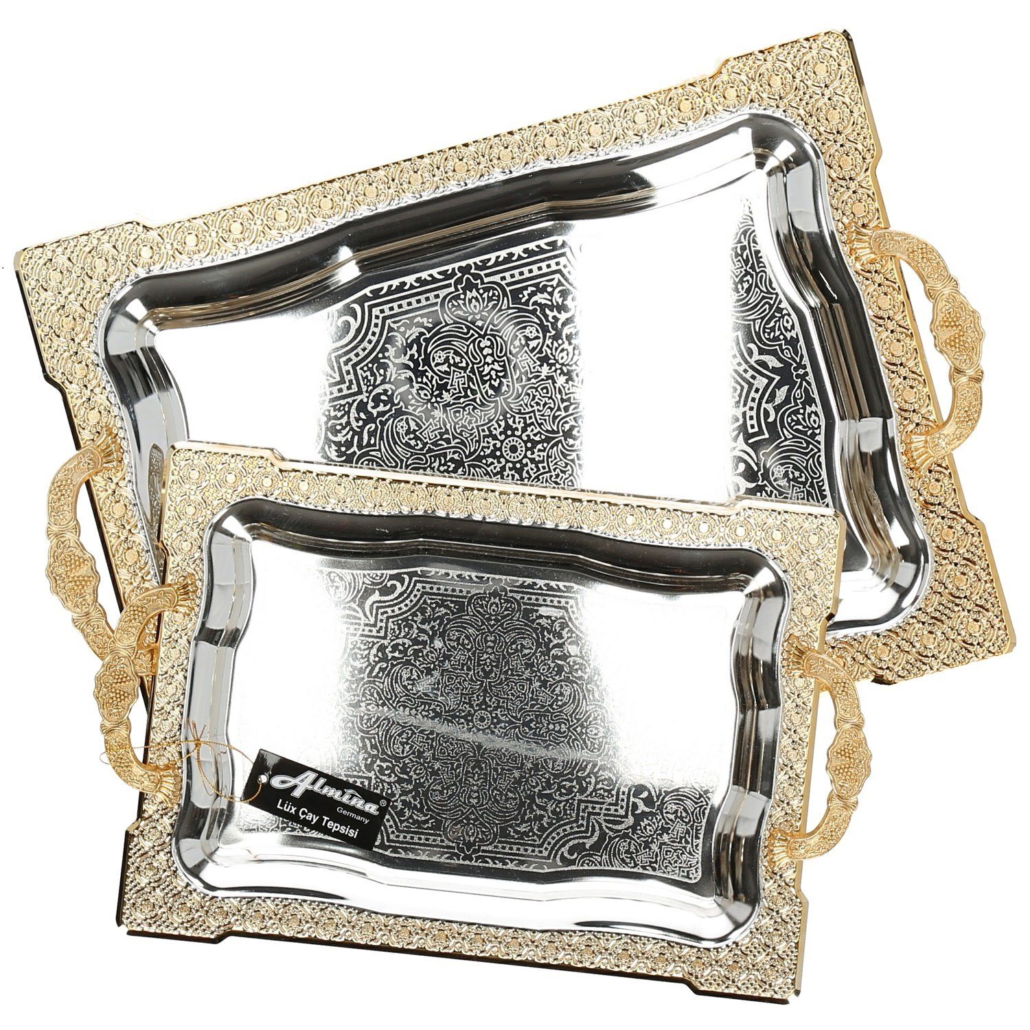 Almina Tablett 2-Teilig Gold/Silber Metallbrett Motiv Servierttablett (2-tlg) aus Gold 18/10, 5 Edelstahl