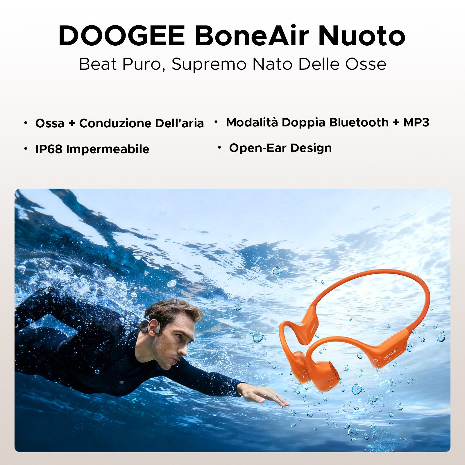 DOOGEE Knochenleitungskopfhörer IP68 Waterproof Swimming Headphones, 64GB MP3 Bluetooth-Kopfhörer (Bluetooth, Bluetooth 5.4, 10H Akku, Open Ear, Sport für Schwimmen & Laufen)