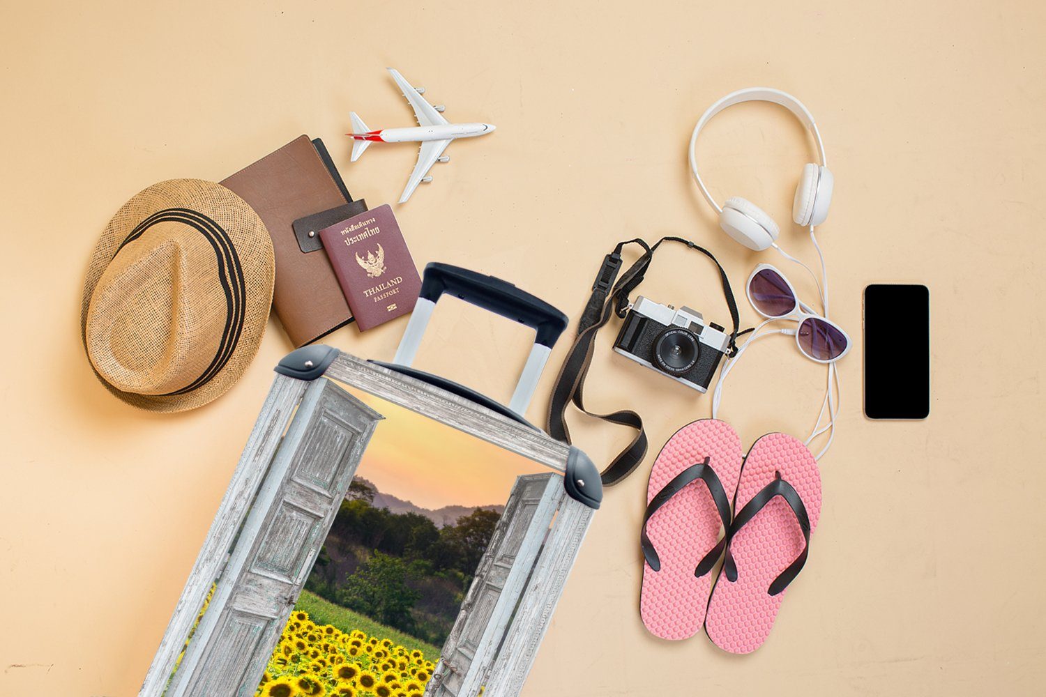 MuchoWow Handgepäckkoffer Sonnenblume Ferien, 4 - Handgepäck für Reisetasche Reisekoffer mit - Ansicht, Trolley, - Rollen, rollen, Blumen Abend