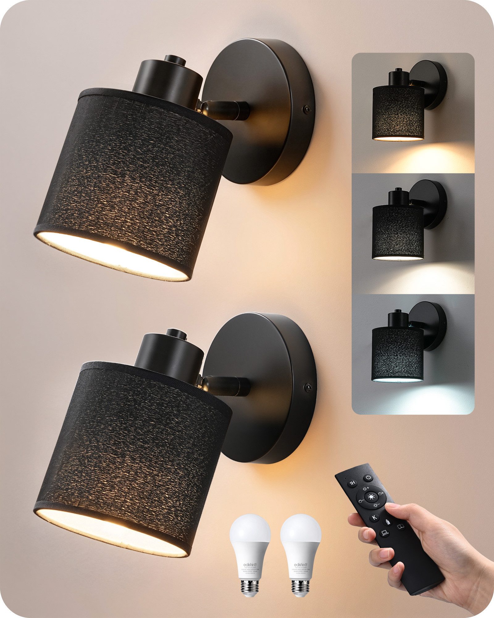 EDISHINE Wandleuchte 2er Set moderner Innen-Wandleuchten, LED wechselbar, 3000K-6500K, Stufenlos dimmbar, 3 Lichtfarben, inkl. Glühbirnen und Fernbedienung