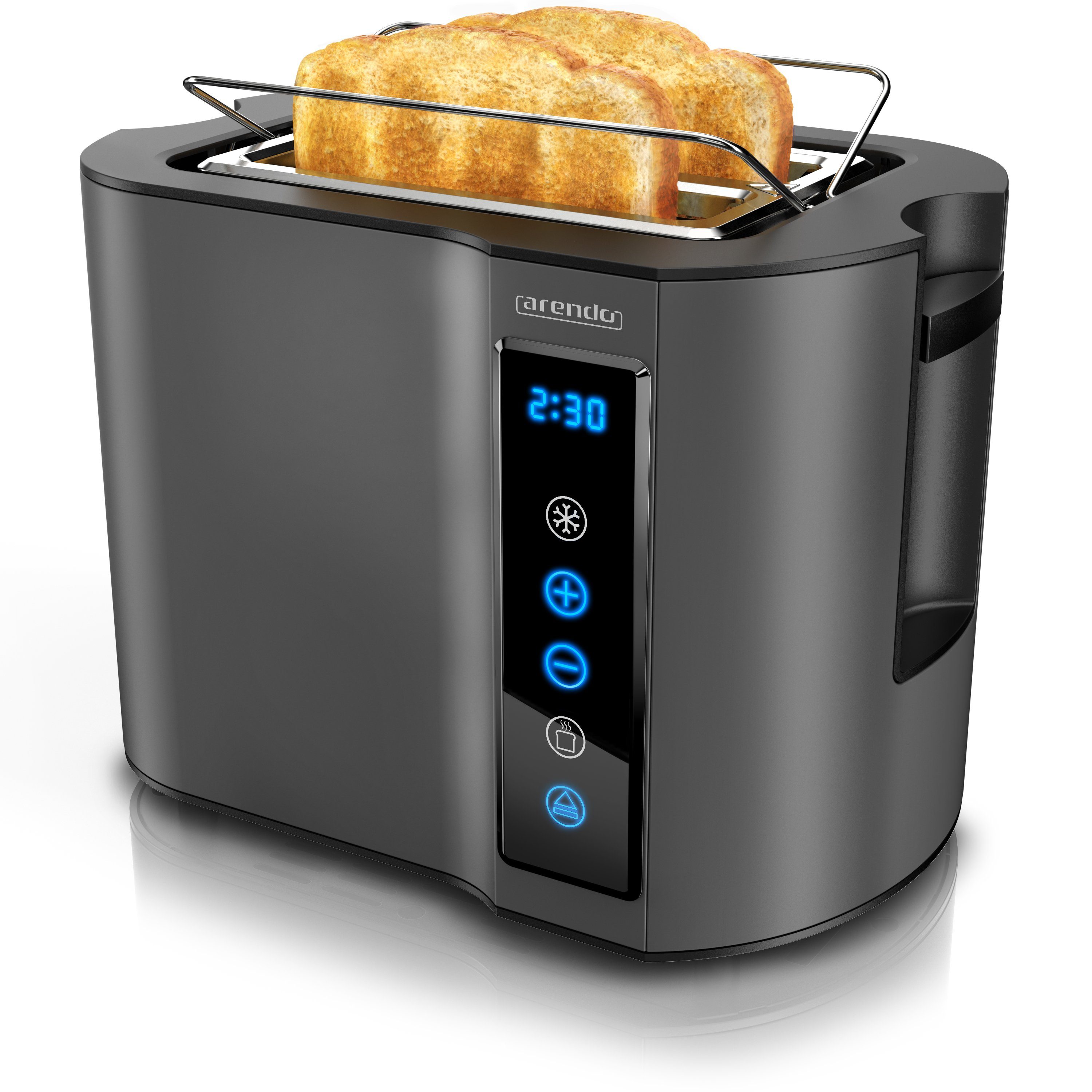Arendo Toaster Wärmeisoliertes Doppelwandgehäuse, 2-Scheiben, Display Restzeitanzeige, 2 kurze Schlitze, für 2 Scheiben, 800 W, Edelstahl, Kurzschlitz, Brötchenaufsatz, 7 Bräunungsgrade, Touchpanel