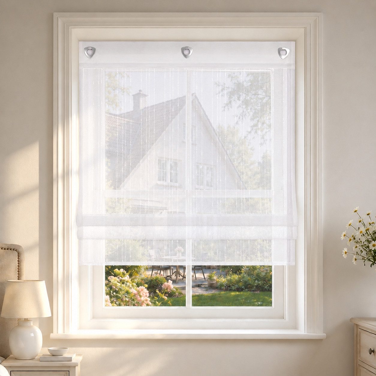 Delien Raffrollo Regen Voile mit Längsstreifen im klassischen Stil, mit Hakenaufhängung, ohneBohren, Am Fensterrahmen einhängen und mit Zugschnüren höhenverstellbar, Leinenoptik, halbtransparent für Küche und Wohnzimmer