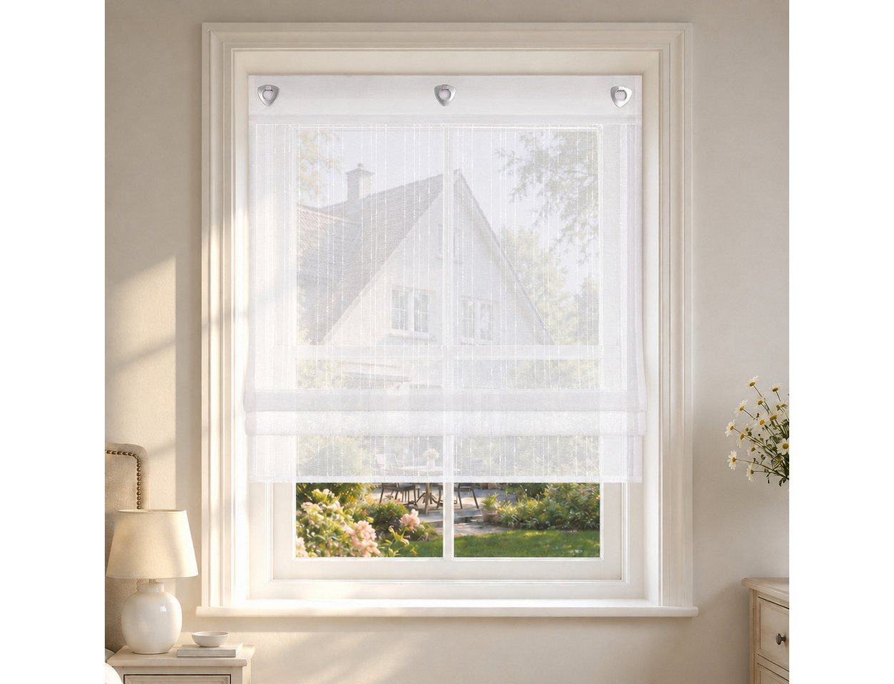 Delien Raffrollo Regen Voile mit Längsstreifen im klassischen Stil, mit Hakenaufhängung, ohneBohren, Am Fensterrahmen einhängen und mit Zugschnüren höhenverstellbar, Leinenoptik, halbtransparent für Küche und Wohnzimmer