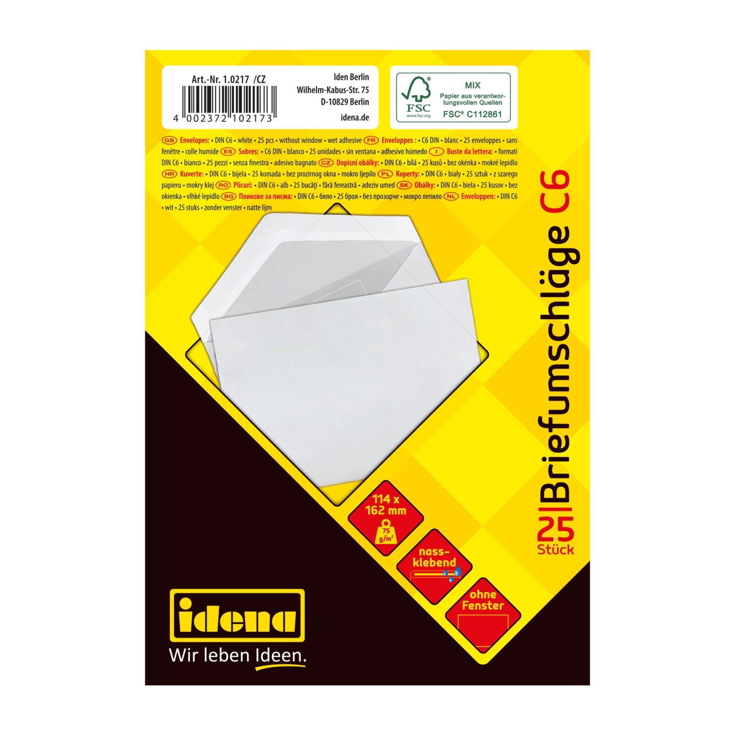 Idena Briefumschlag Idena 10217 - Briefumschläge DIN C6, 75 g/m², nassklebend, ohne Fenste