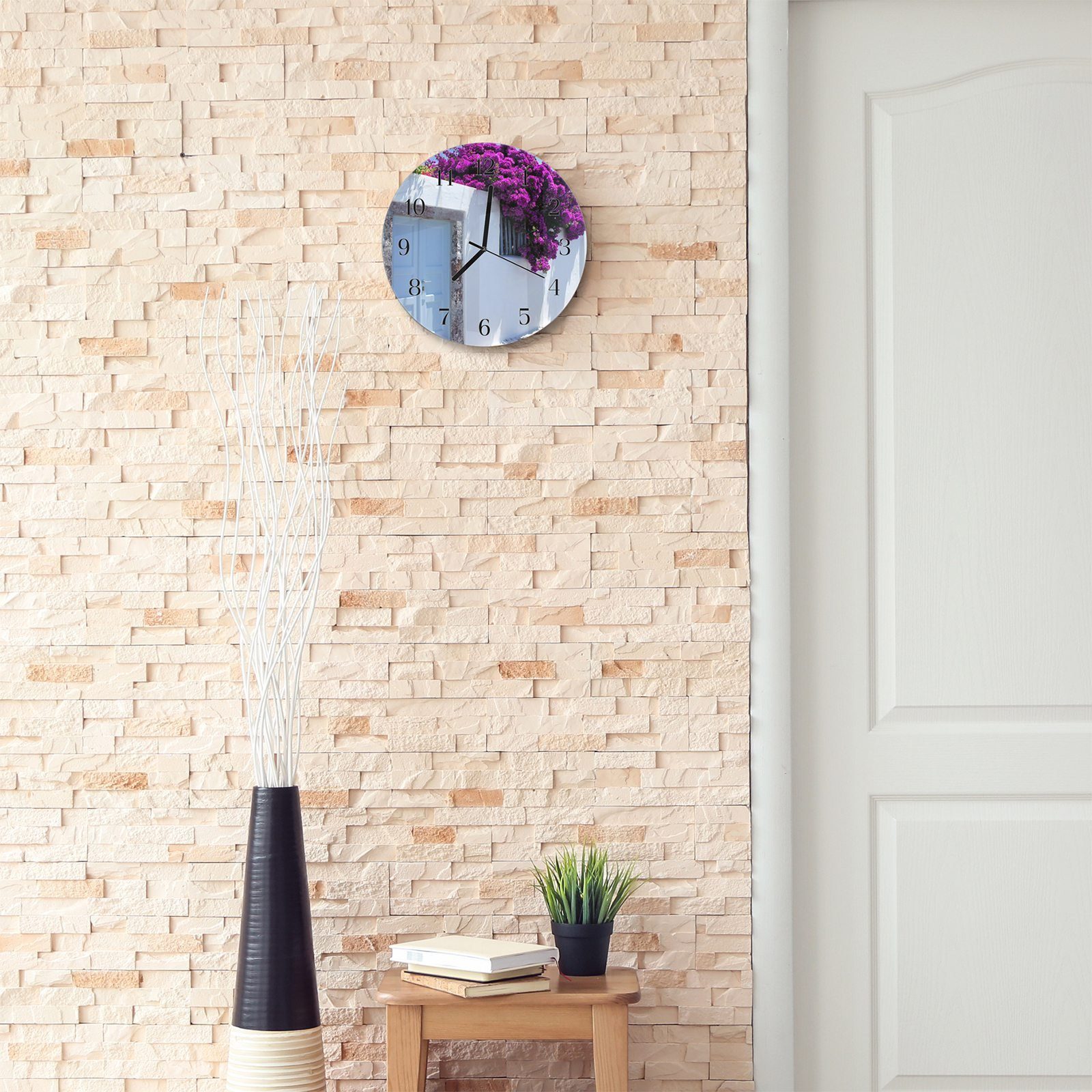 Motiv Quarzuhrwerk Wanduhr mit Primedeco Durchmesser aus - Rund Hauswand Glas auf und 30 Blumen mit Wanduhr cm