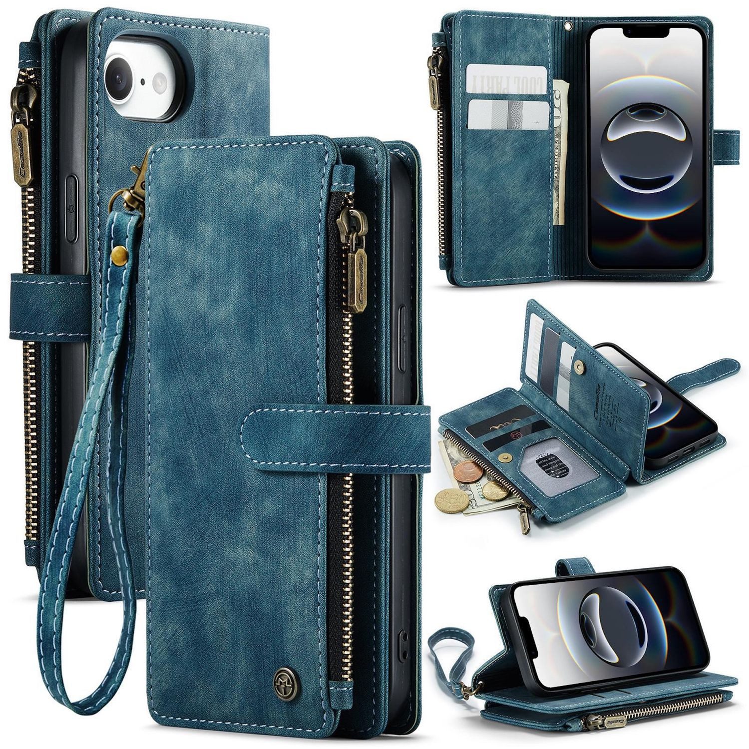 CaseMe Handyhülle Für Apple iPhone 16e Kunstleder Multifunktion Wallet Tasche Case Blau, Kunst-Leder Schutz Tasche Smart Case Multifunktion