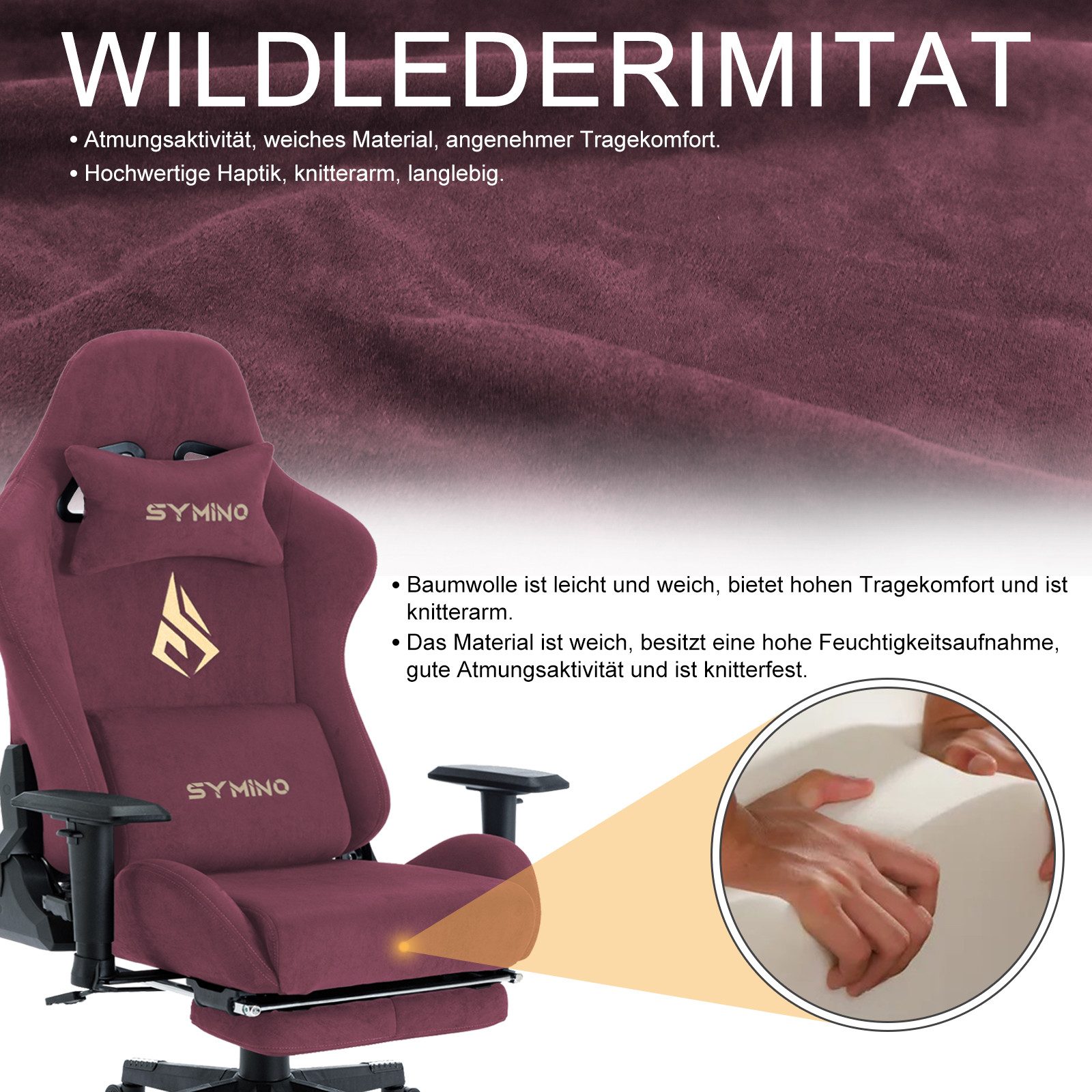 symino Gaming-Stuhl Drehstuhl, verstellbare Armlehnen und Rückenlehne, Memory Foam Kissen mit Fußstütze, Rot